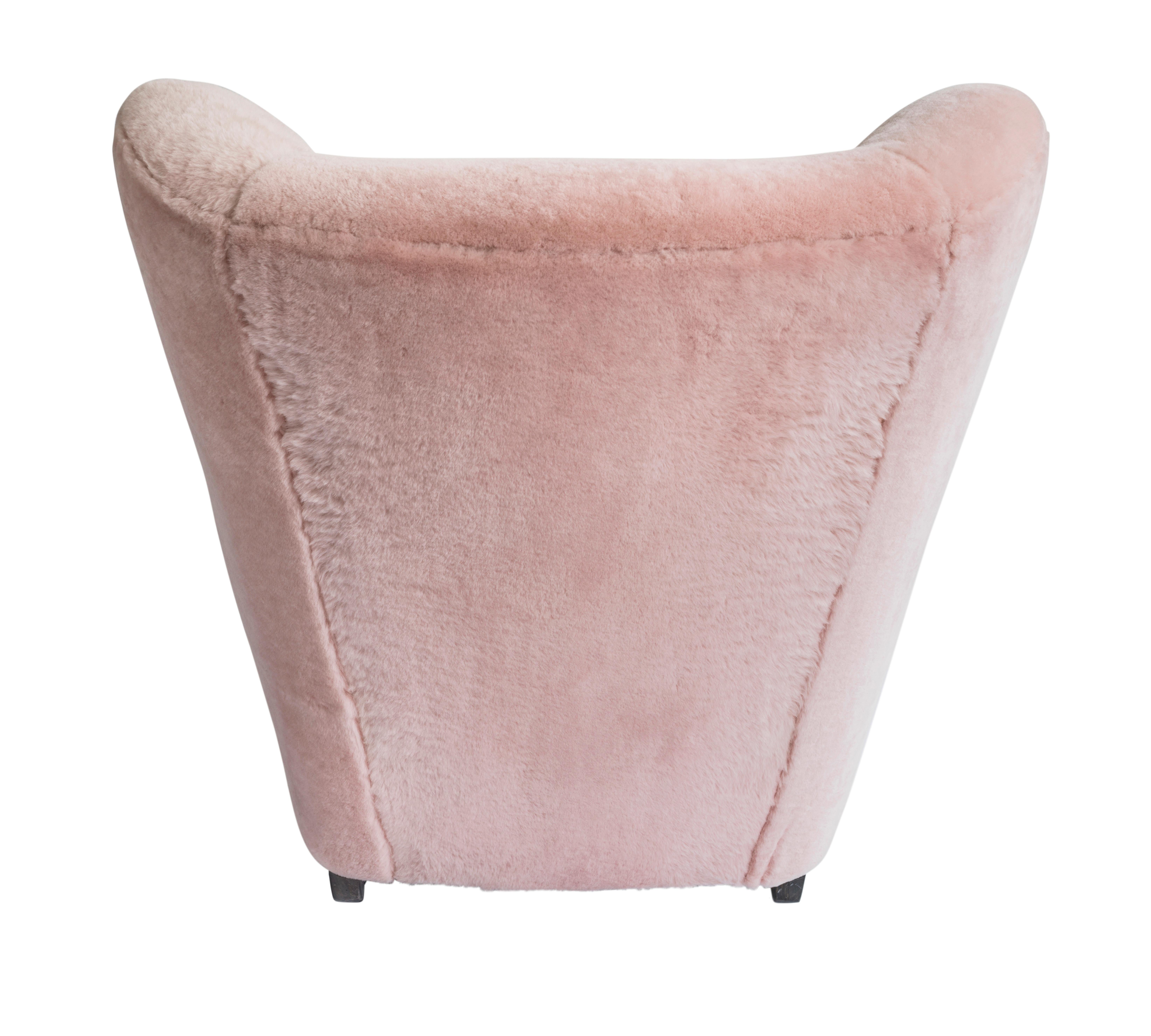 Modern Contemporary Jolene Armchair in Pink Sheepskin Midcentury Scandinavian Inspired For Sale
