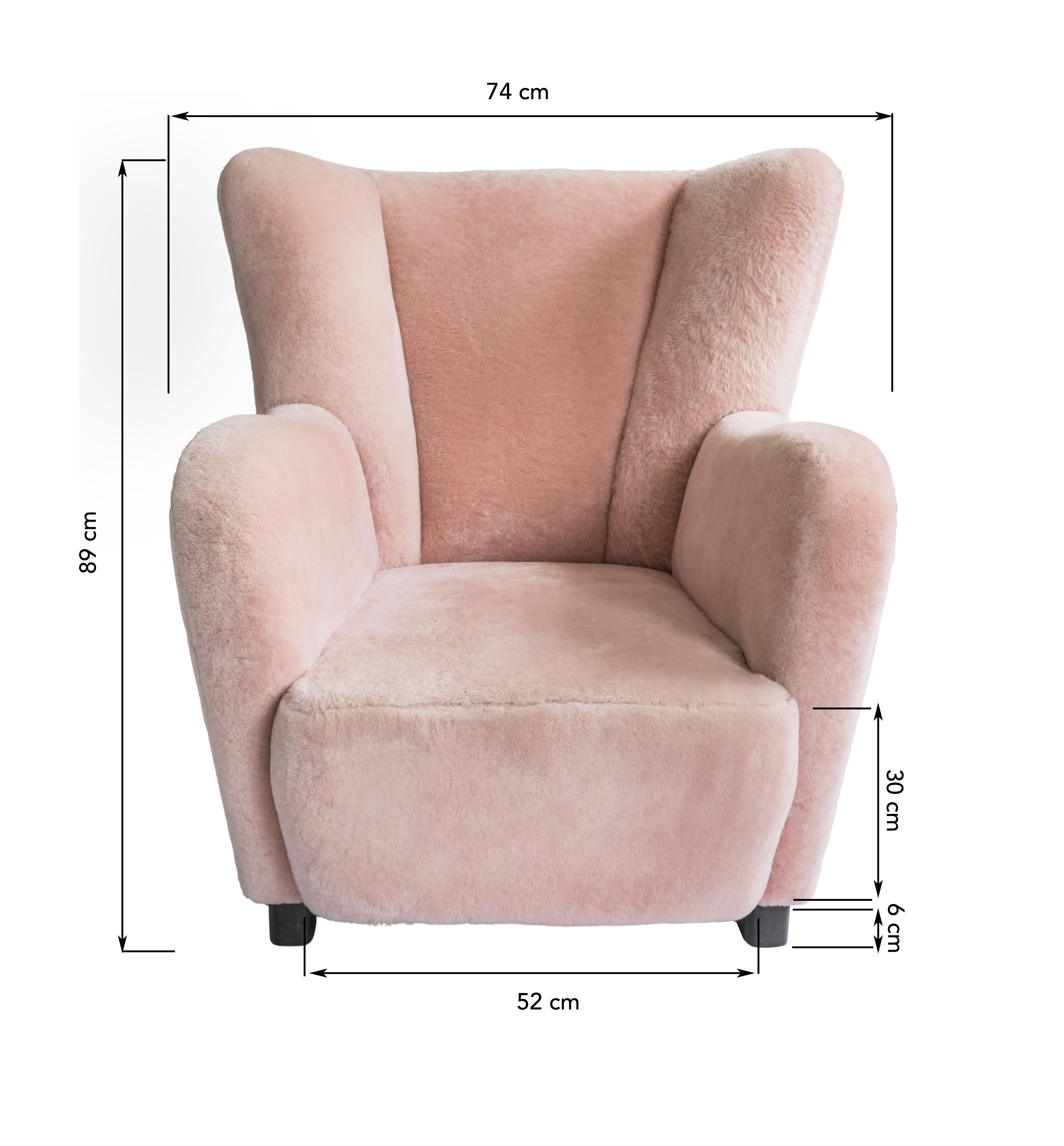 Carved Contemporary Jolene Armchair in Pink Sheepskin Midcentury Scandinavian Inspired For Sale