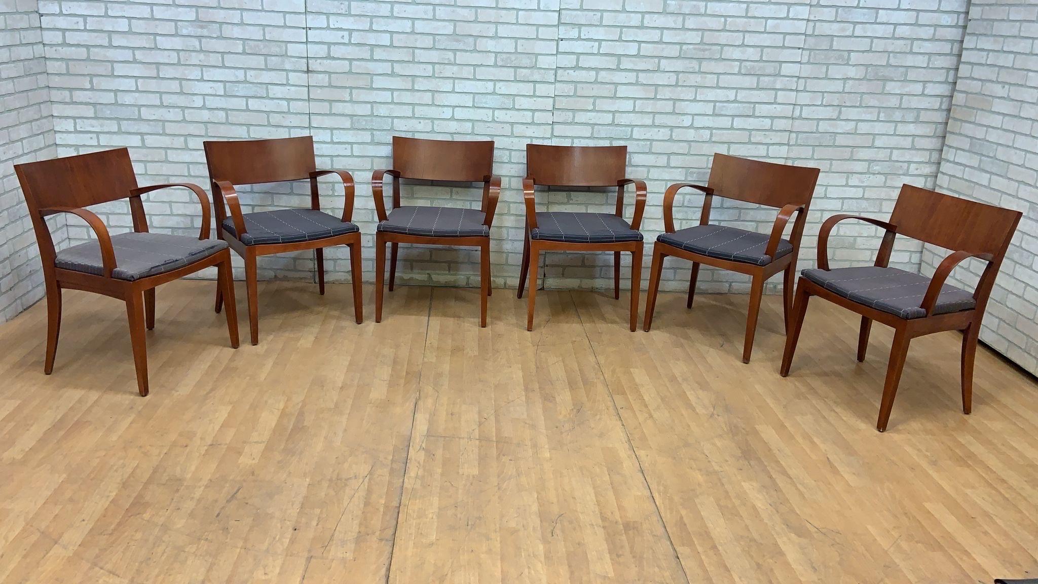 Contemporary Jonathan Crinion for Knoll Wood Side Dining Armchairs - Set of 6

These Crinion wood side chairs have soft lines and a modern feel. They are made of beechwood and have a navy striped fabric. These chairs can elevate any room.