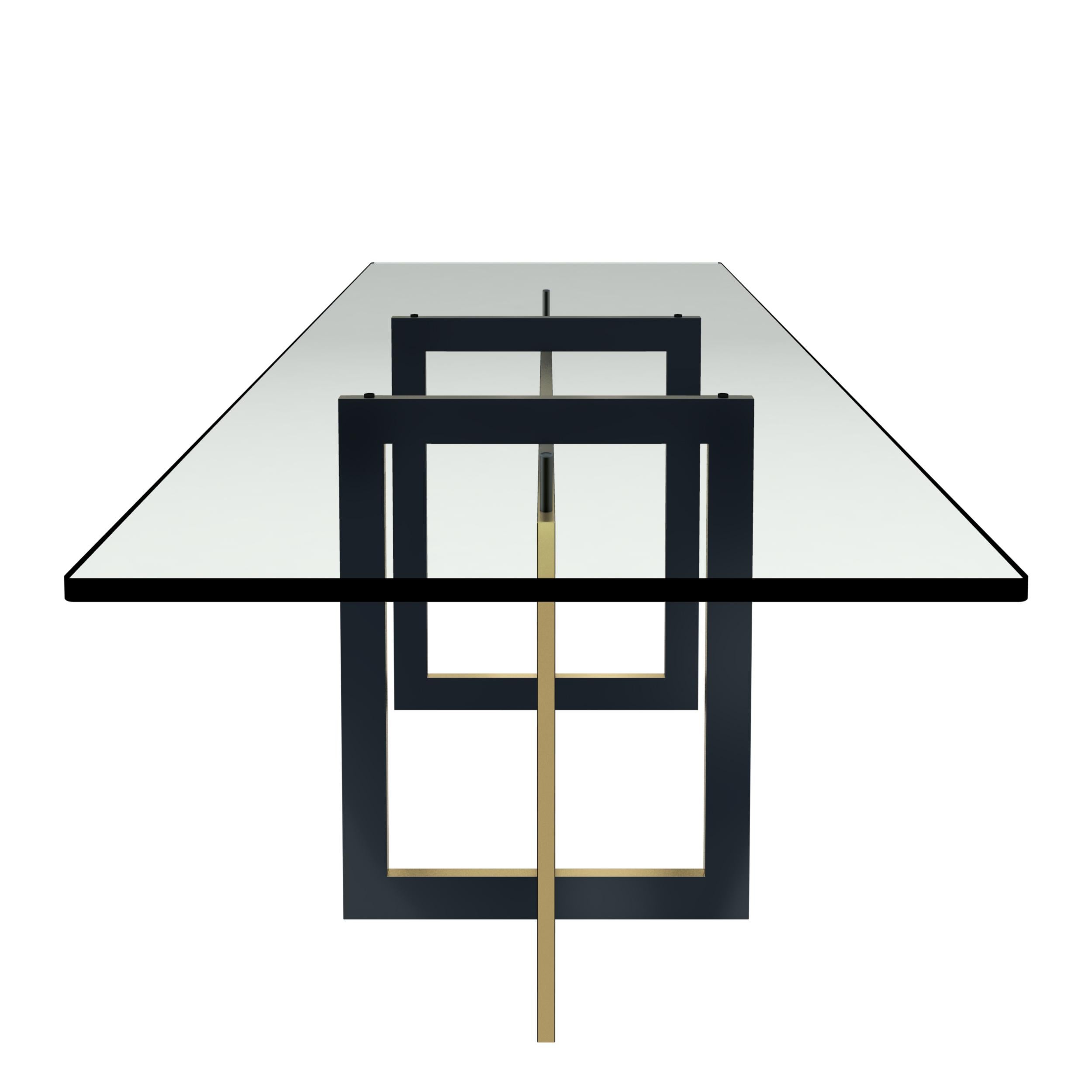 The high Jonathan table features a tubular metal 20 x 60 mm frame, epoxy coated in glossy black color with brass profiles. Variable colors for the frame upon request.
The crystal top makes possible to see the whole frame in all its peculiarity like