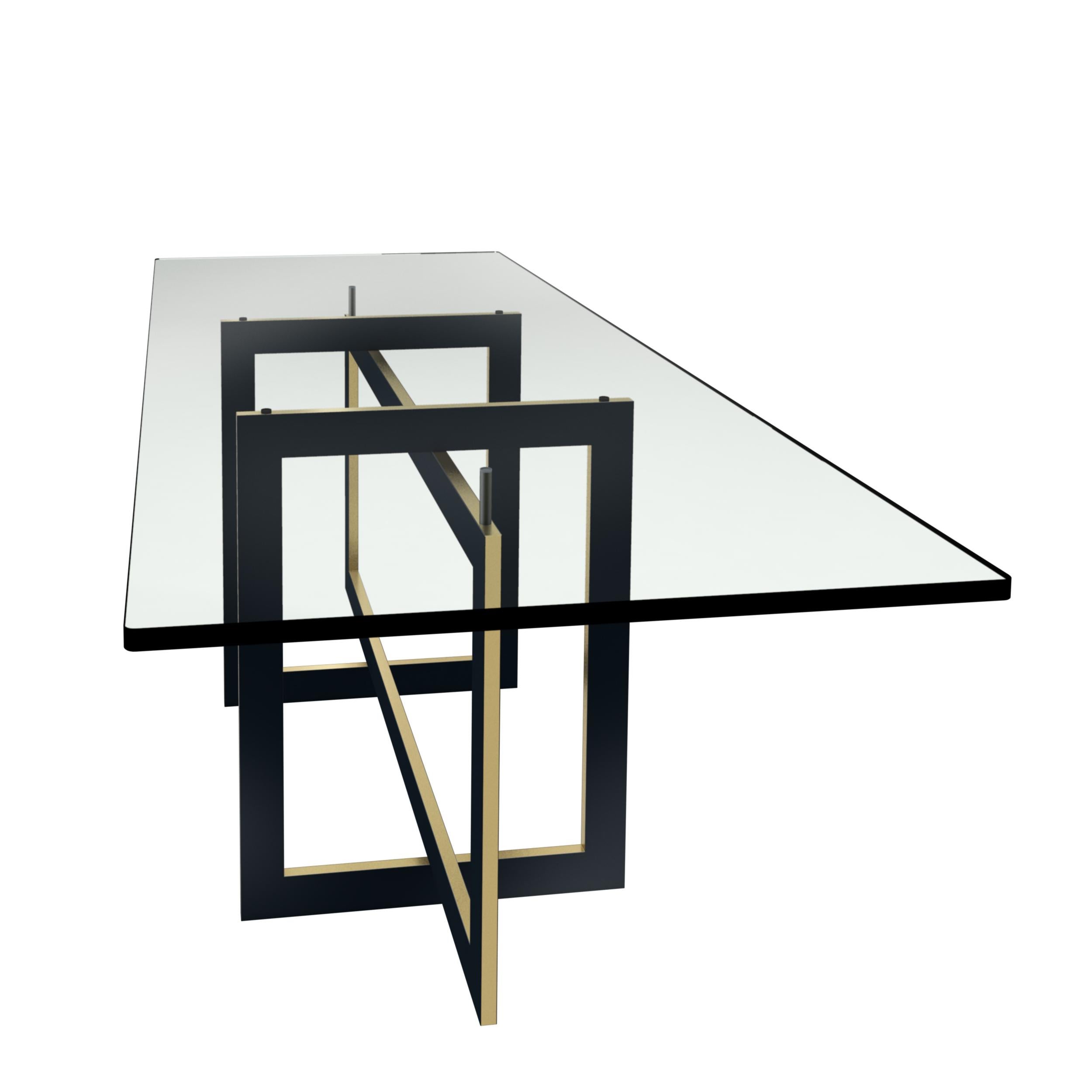 Mid-Century Modern Contemporary Jonathan High Table with Tempered Crystal Top, Black&Brass Version For Sale