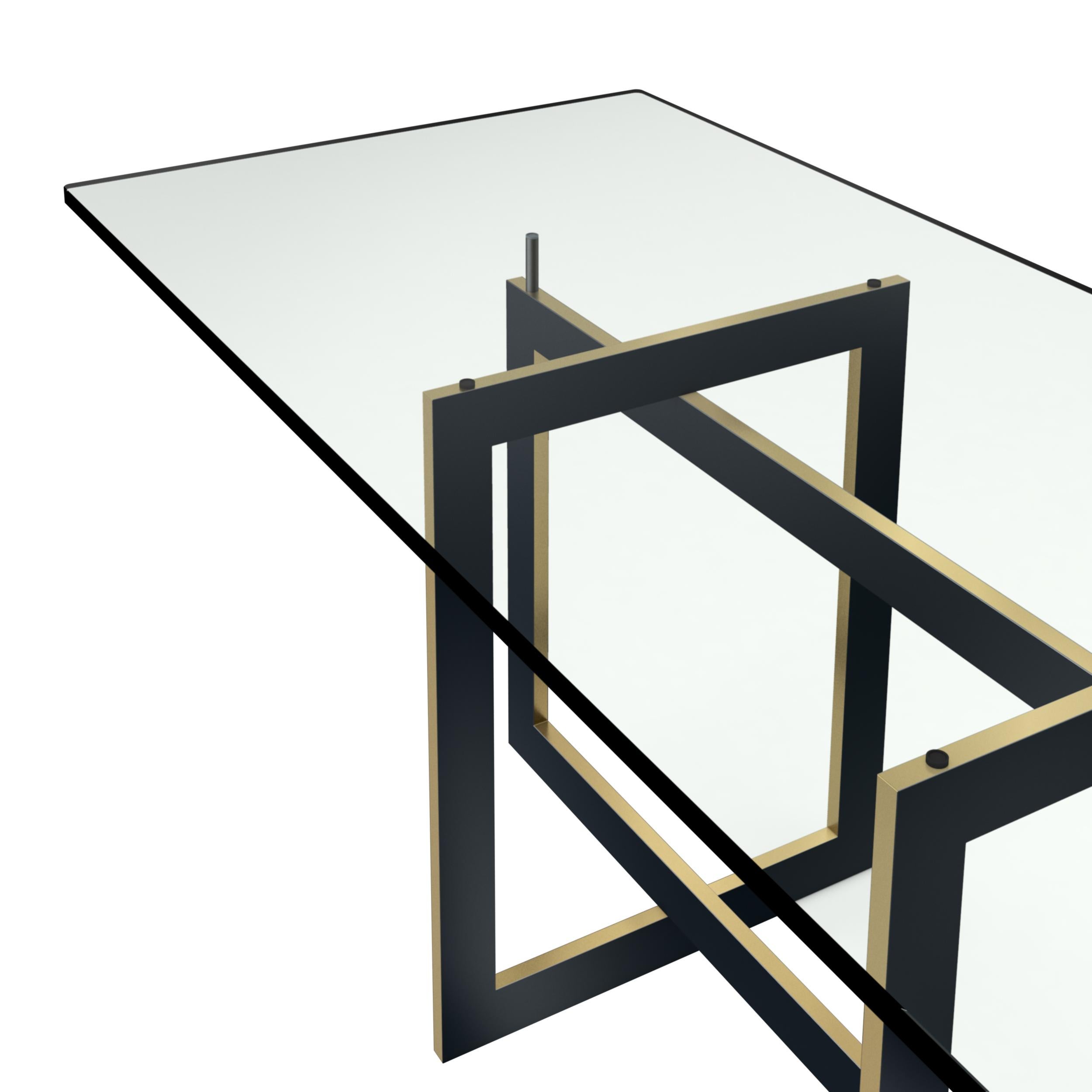 Italian Contemporary Jonathan High Table with Tempered Crystal Top, Black&Brass Version For Sale