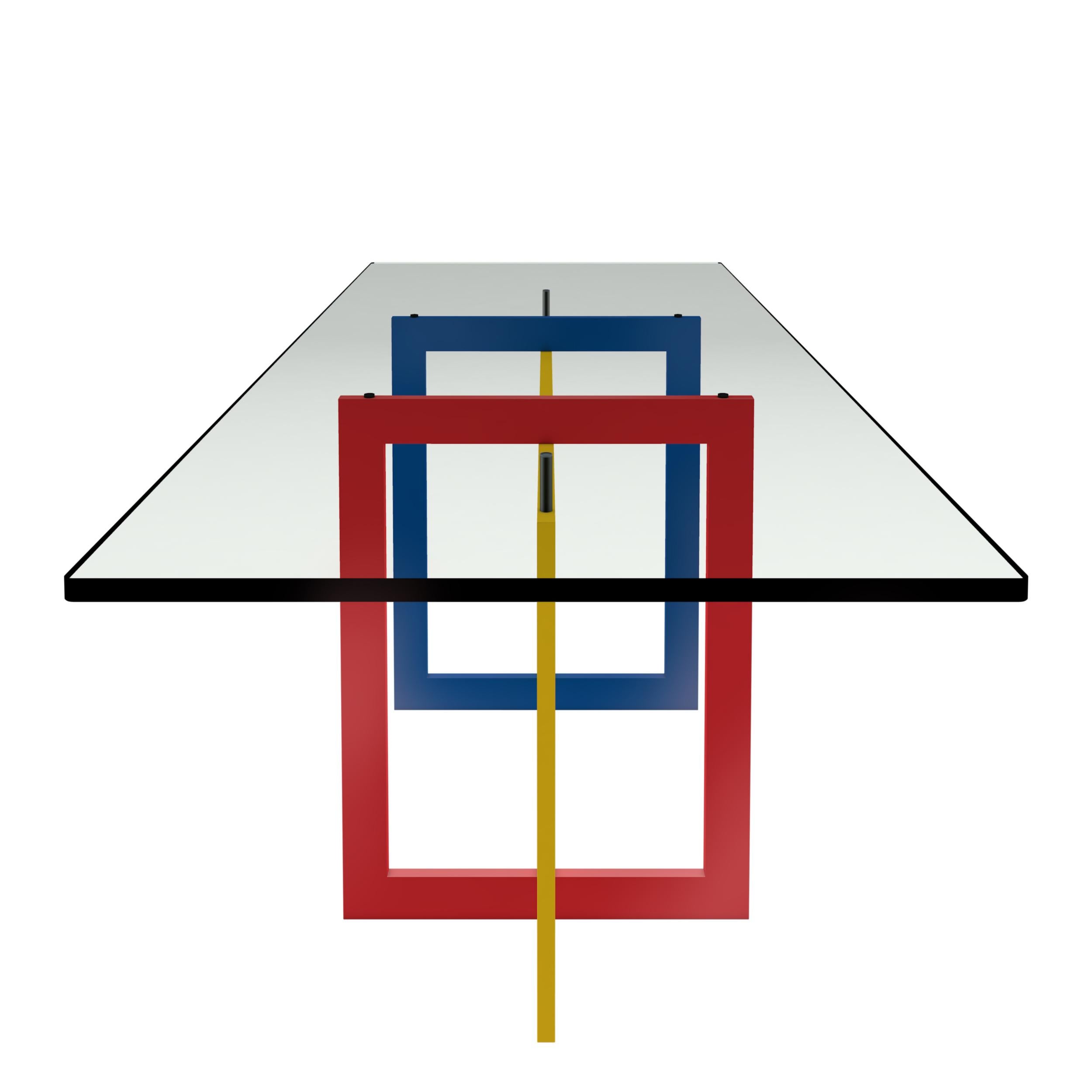 The high Jonathan table features a tubular metal 20 x 60 mm frame, epoxy coated in glossy red, blue and yellow colors in the 