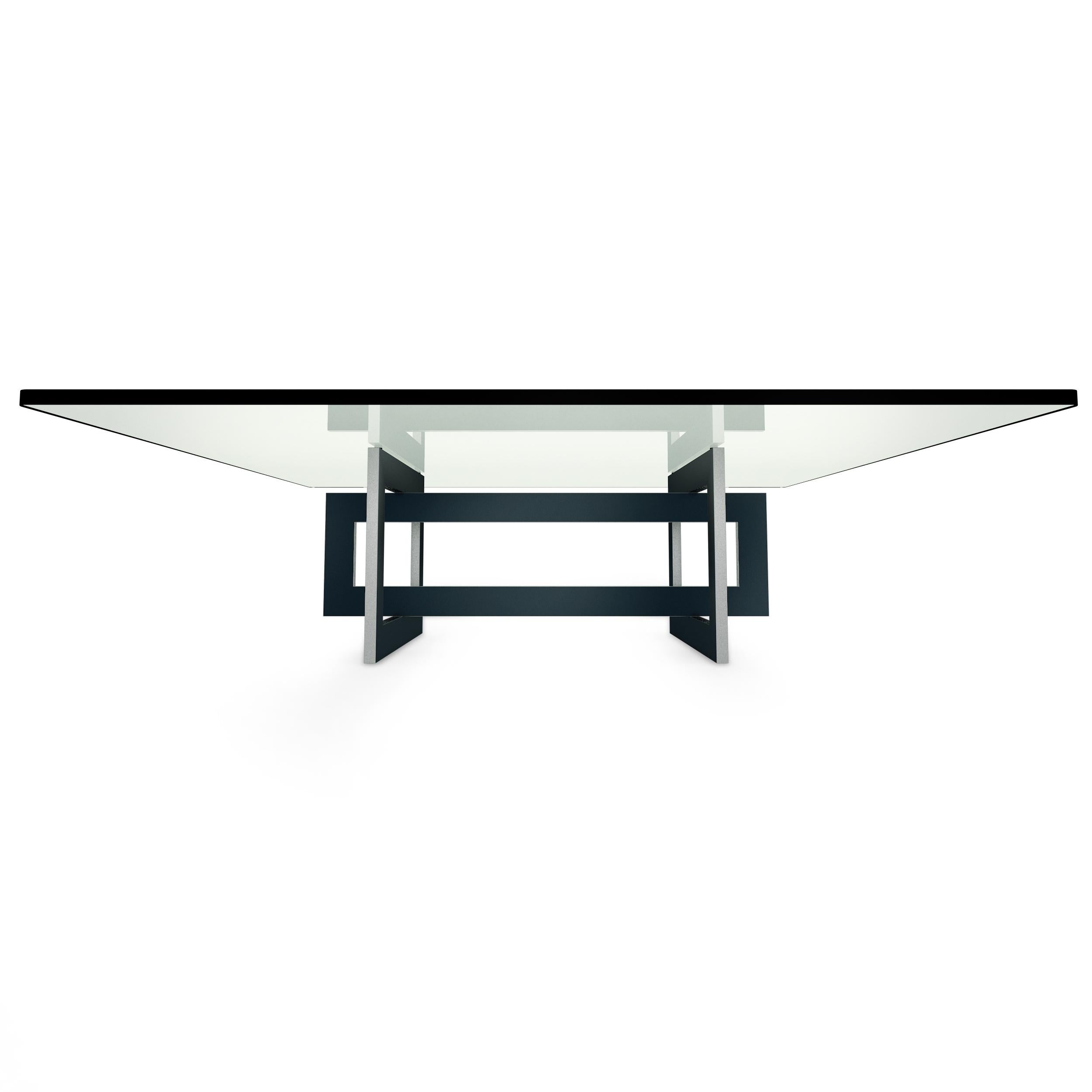 Mid-Century Modern Contemporary Jonathan Low Table with Tempered Crystal Top, Black & Steel Version For Sale