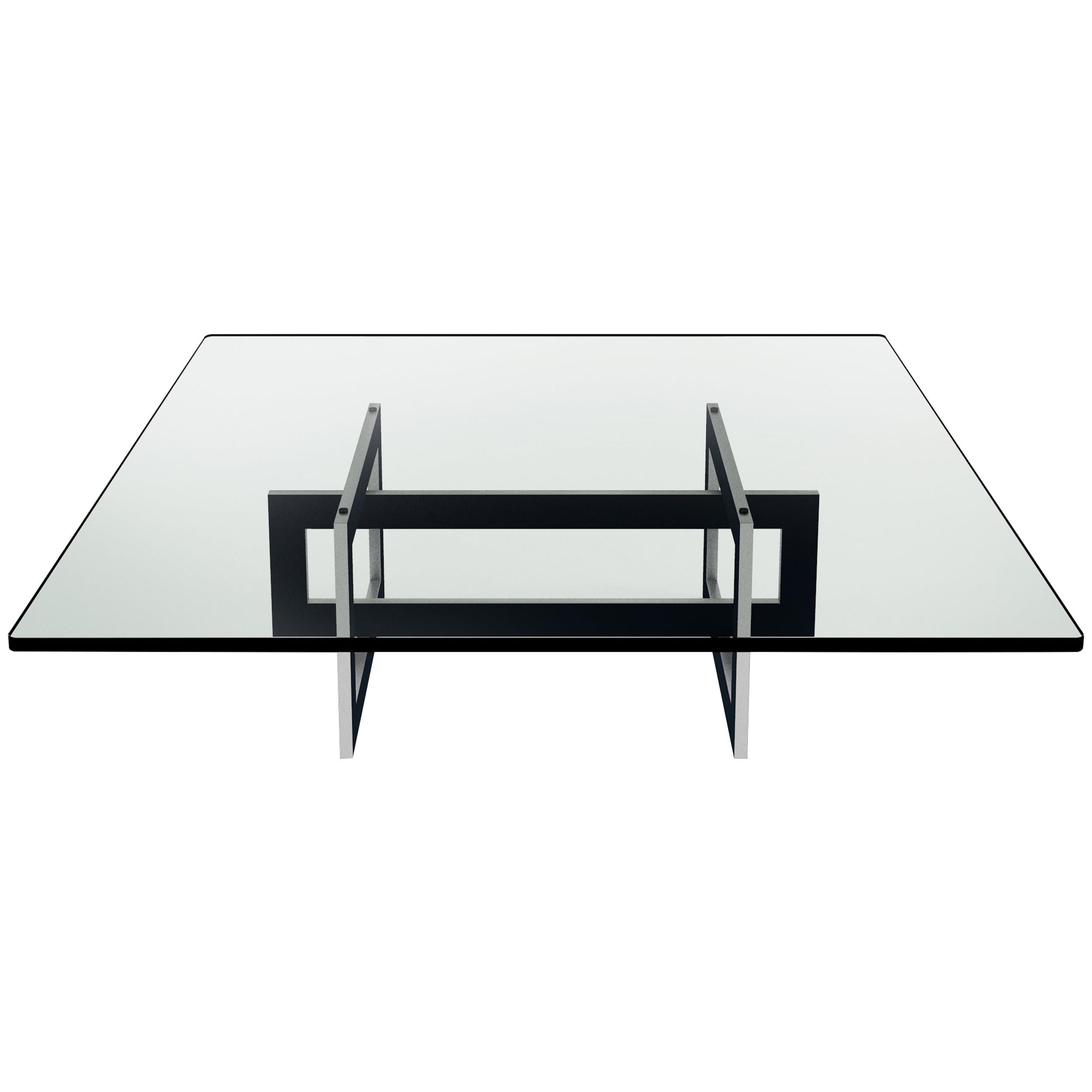 Contemporary Jonathan Low Table with Tempered Crystal Top, Black & Steel Version