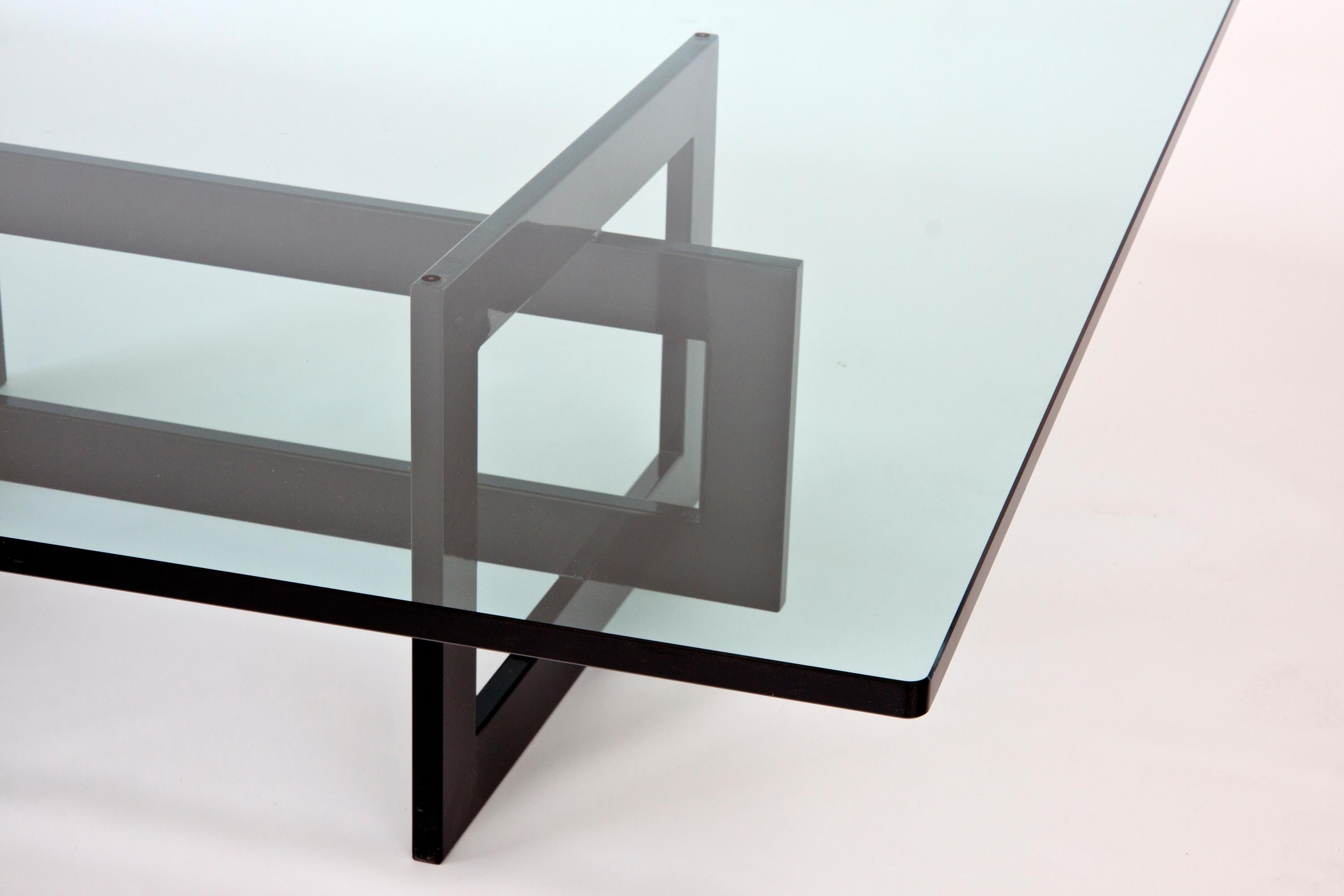 Metalwork Contemporary Jonathan Low Table with Tempered Crystal Top, Black Version For Sale