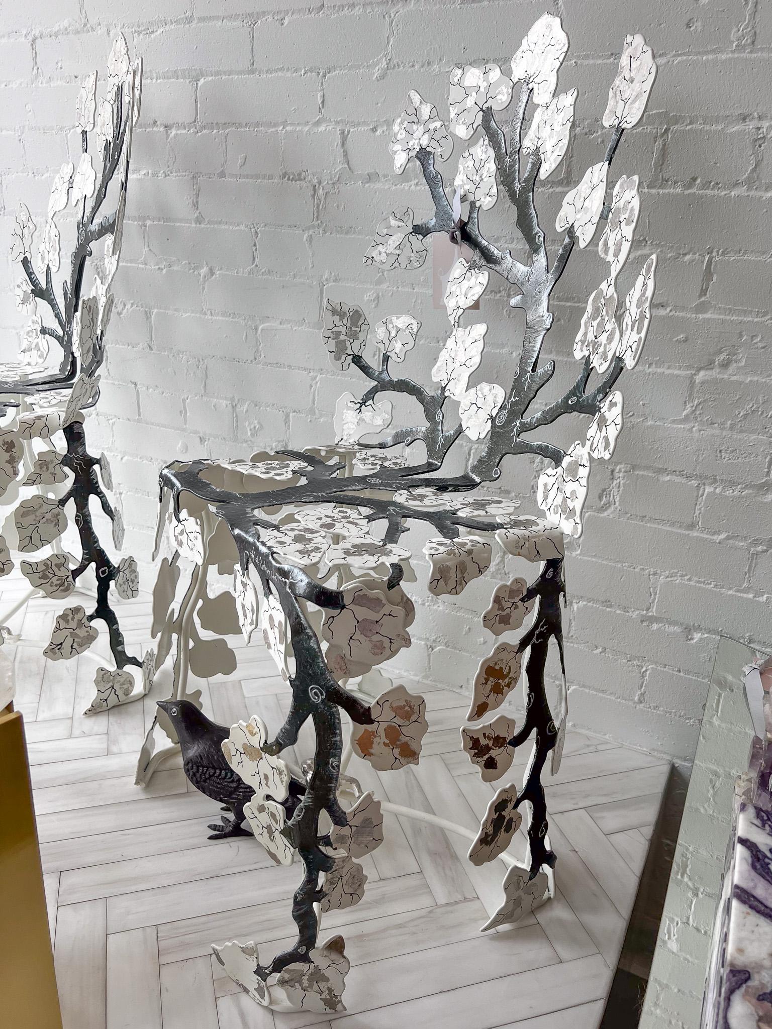 A stunning handmade sculptural chair be renowned French artist, Joy De Rohan Chabot. The Winter Chair is a beautiful example how a cold bare tree can be the perfect canvas for fresh fallen snow. Hand forged and painted by the artist, each chair is