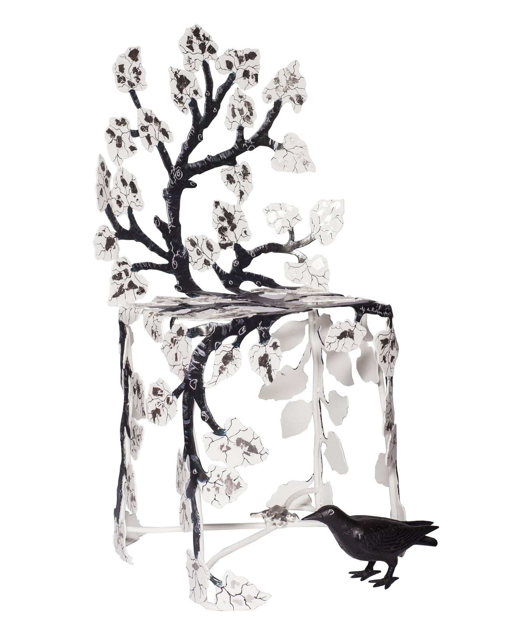 A handmade pair of sculptural chairs by renowned French Artist Joy de Rohan Chabot. The winter chair is a beautiful example how a cold bare tree can be the perfect canvas for fresh fallen snow. Hand forged and painted by the artist, each chair is