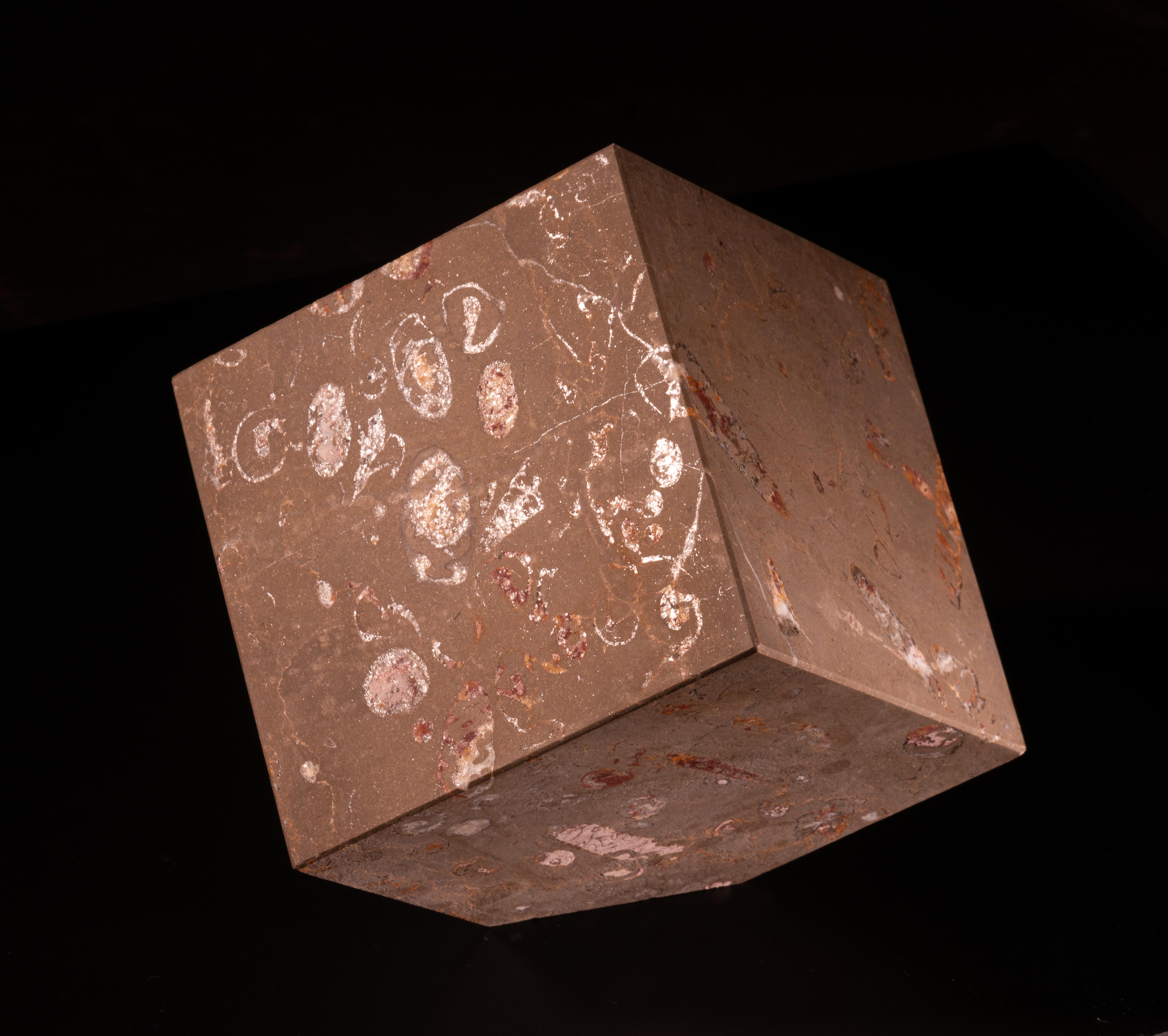 Glacies Cube sculpted from a solid piece of Jurassic Marble, with Nerineas fossils, in raw finish. Designed by AINA and manufactured by NERINEA in our factory located in Valencia (Spain). All Aina’s products are delivered with a  certificate of