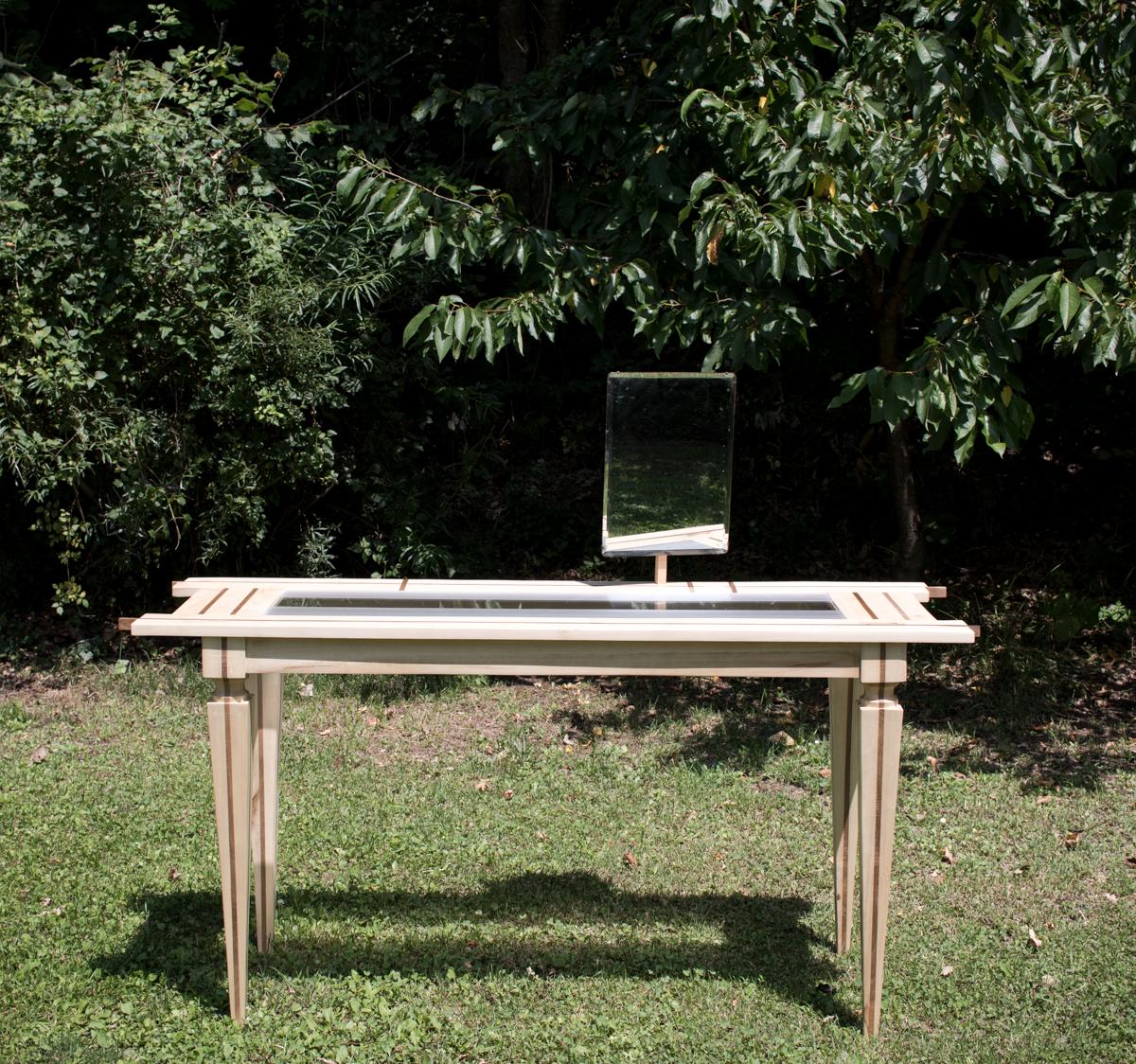 Contemporary Just Contrast Console in Mixed Woods and Acrylic For Sale 4