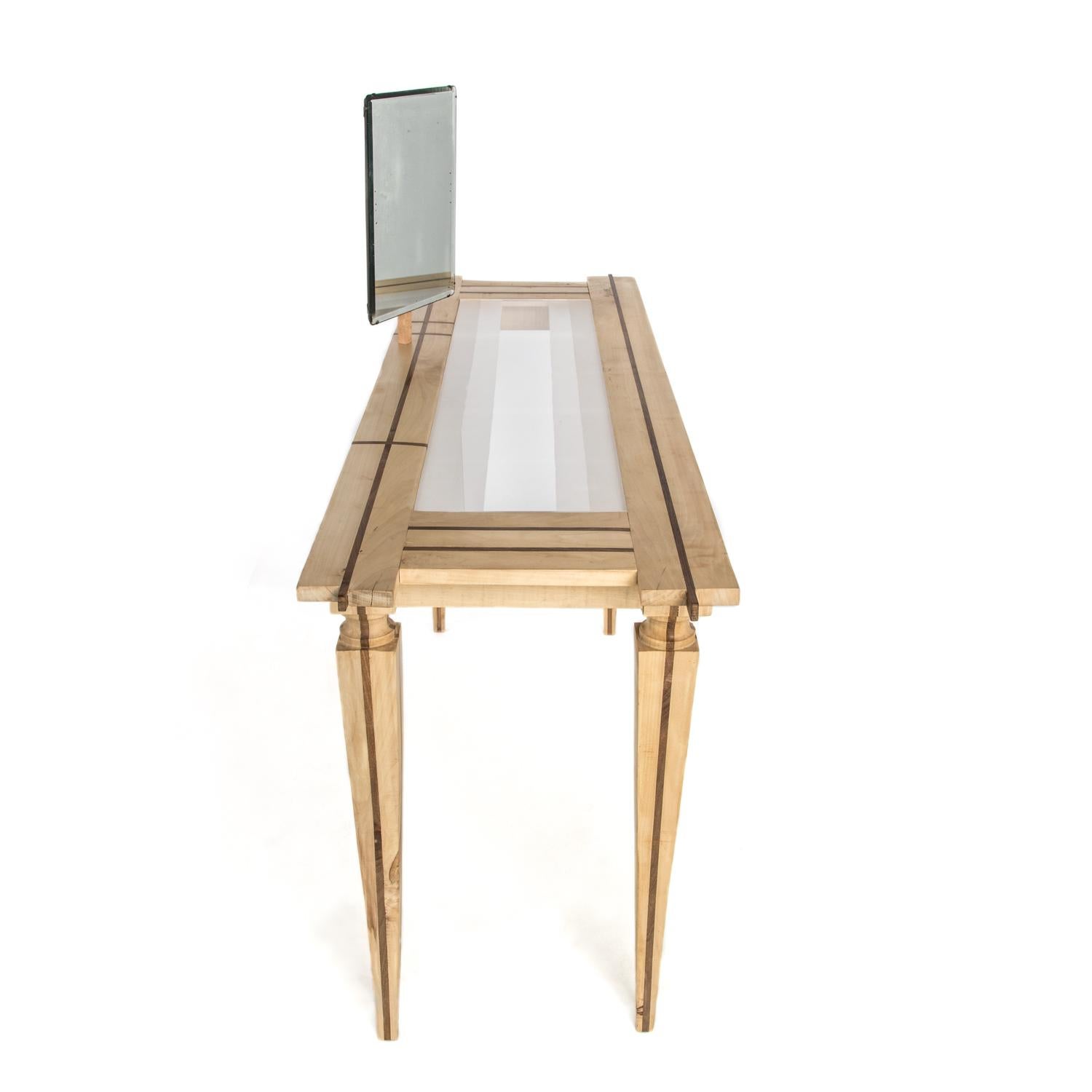 Neoclassical Contemporary Just Contrast Console in Mixed Woods and Acrylic For Sale