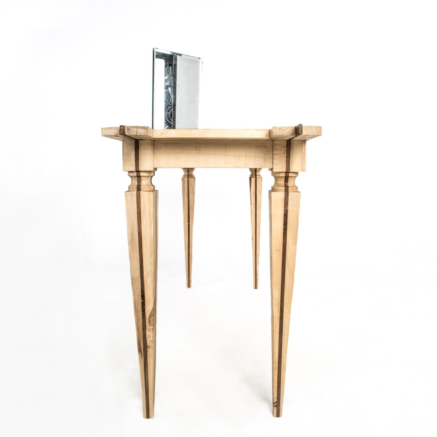 Marquetry Contemporary Just Contrast Console in Mixed Woods and Acrylic For Sale