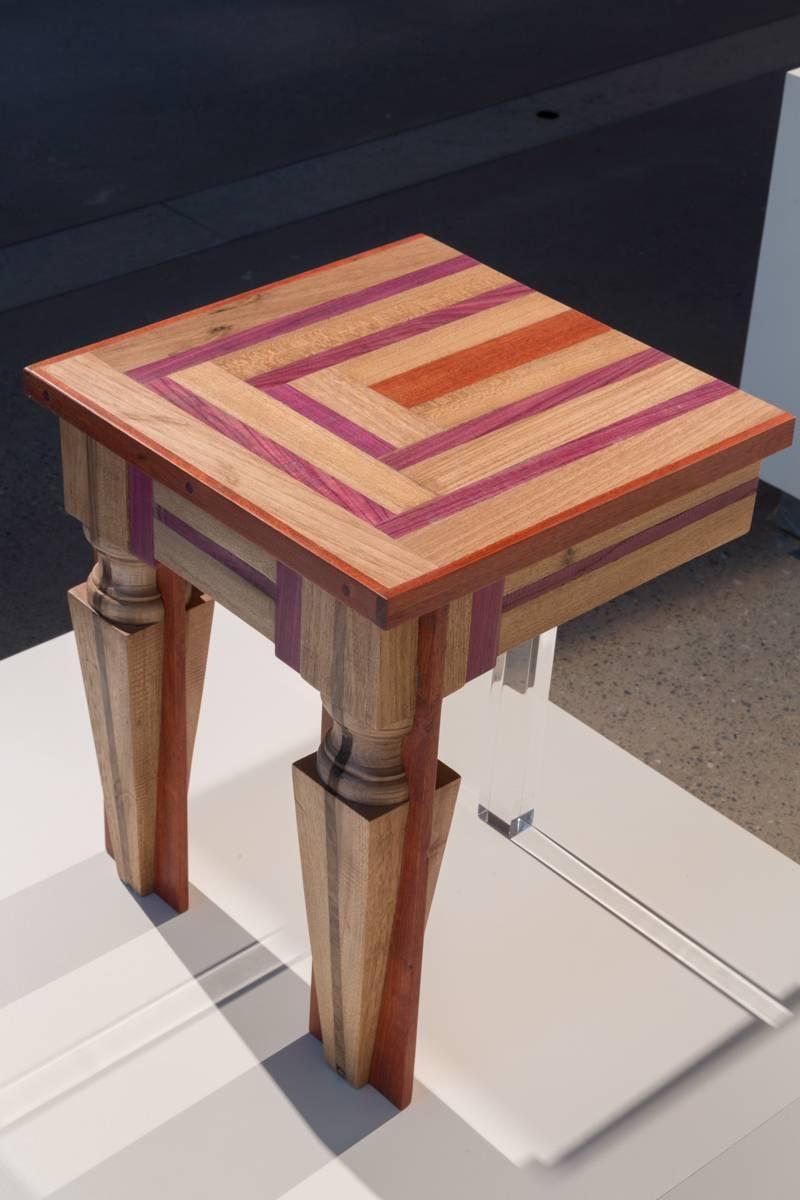 Contemporary Just Contrast Side Table in Mixed Woods and Acrylic For Sale 1