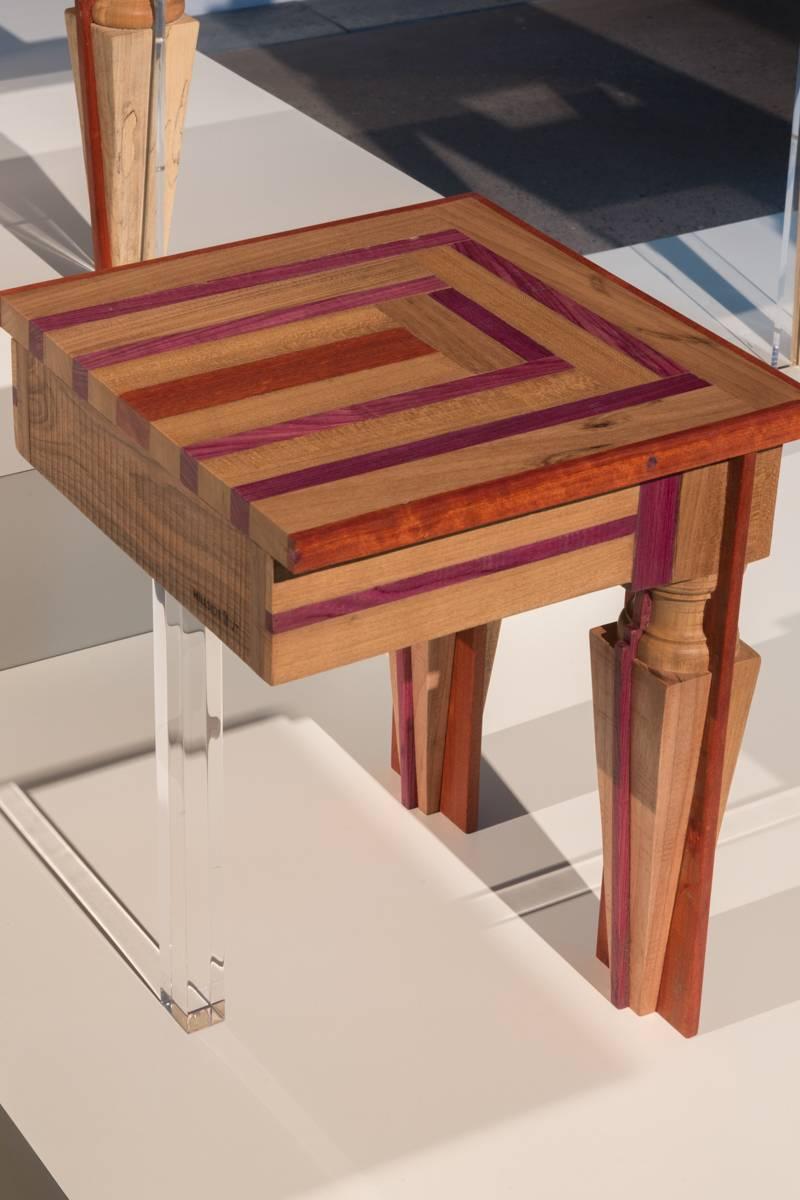 Contemporary Just Contrast Side Table in Mixed Woods and Acrylic For Sale 2