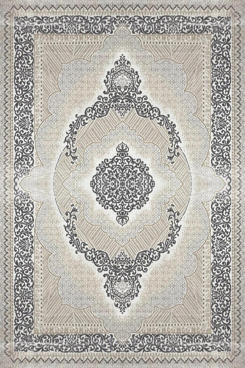 This exquisite Kazakh contemporary rug in a Tabriz style design features a classic pattern and is machine-made from high-quality polypropylene. Its elegant beige and gray colors make it a versatile addition to any room, combining traditional design