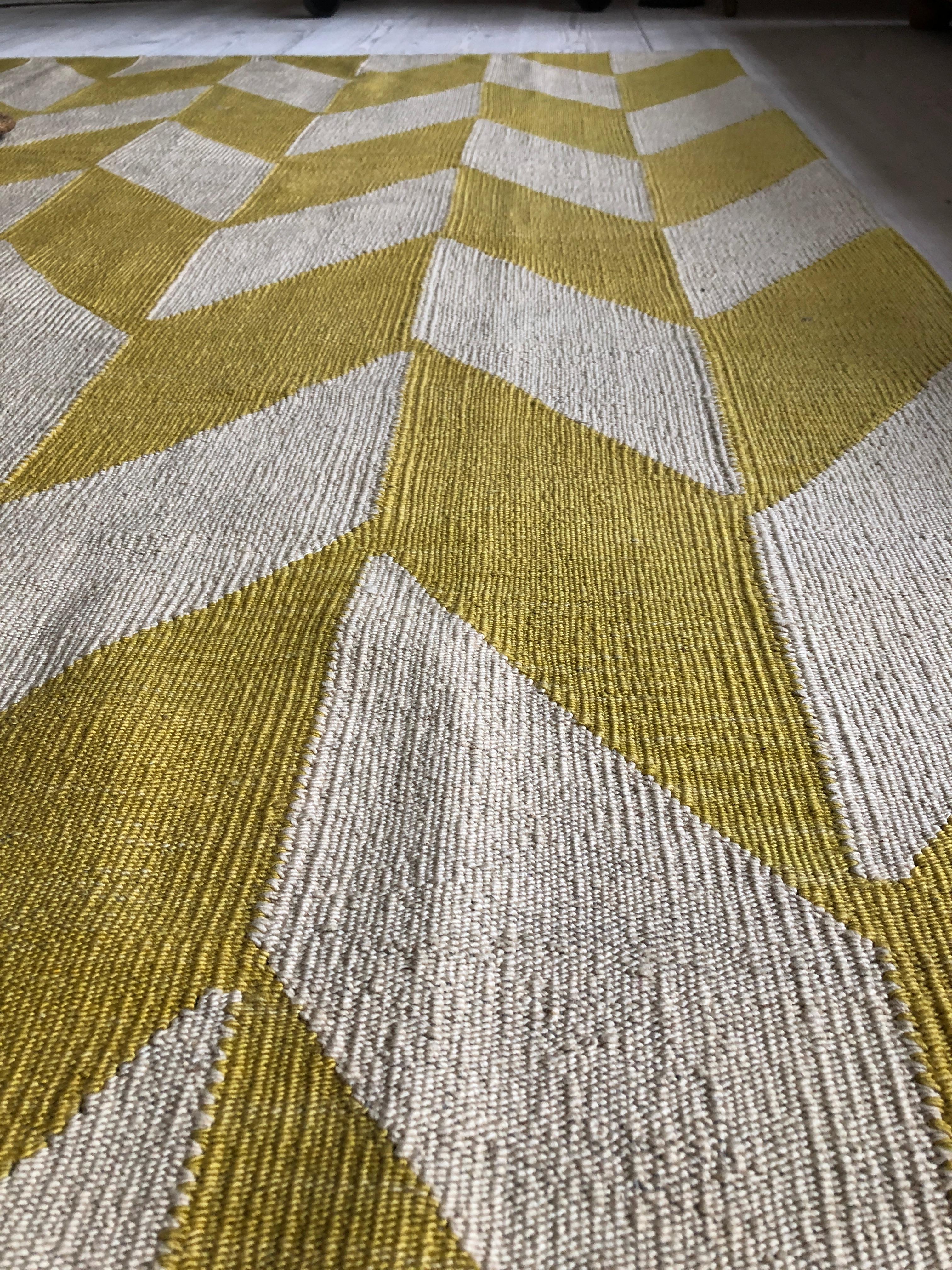 Wool Contemporary Kelim Rug with Yellow and Cream Herringbone Pattern, Turkey