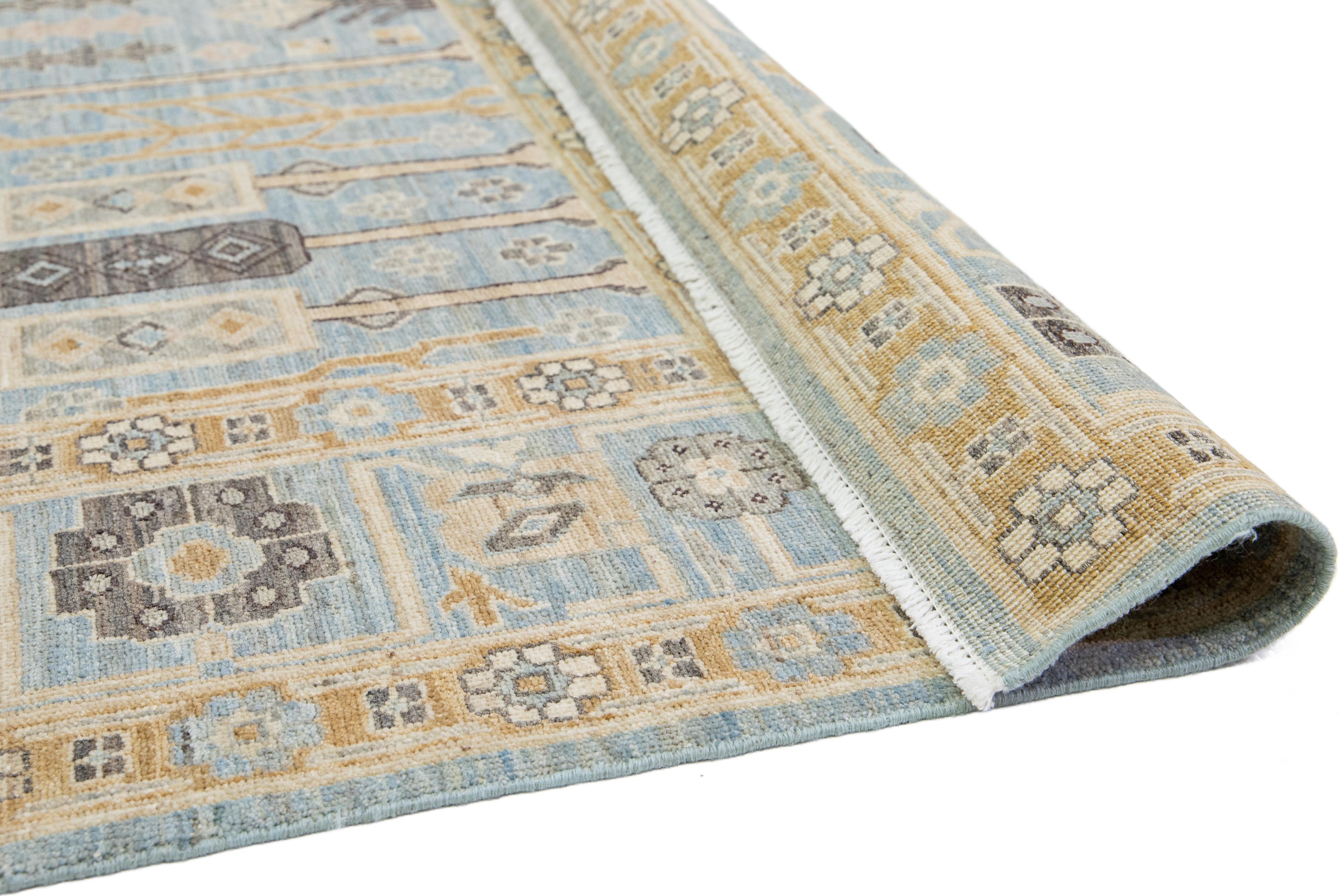 Pakistani Contemporary Khotan Blue Wool Rug with Allover Geometric Design For Sale