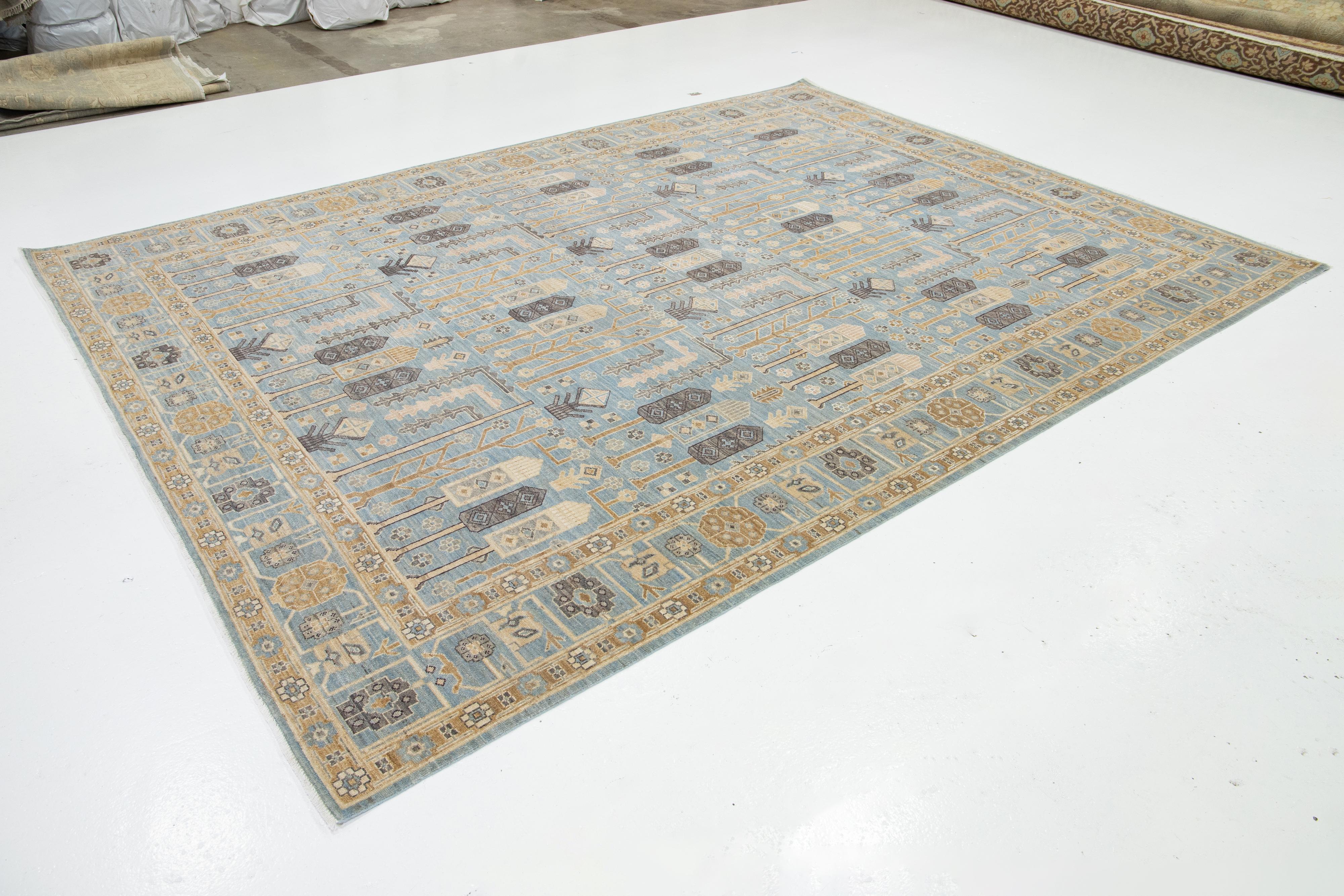 Hand-Knotted Contemporary Khotan Blue Wool Rug with Allover Geometric Design For Sale