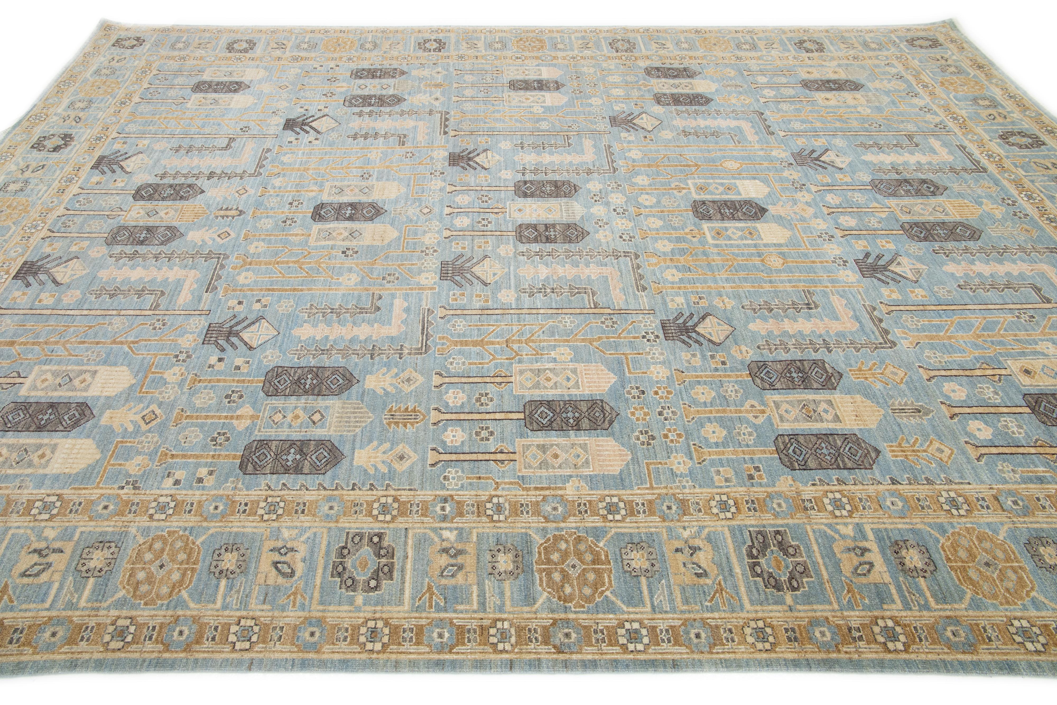Contemporary Khotan Blue Wool Rug with Allover Geometric Design For Sale 1