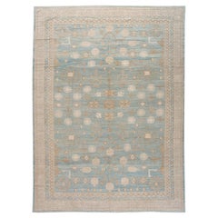 Contemporary Khotan Style Handmade Blue and Beige Geometric Oversize Wool Rug