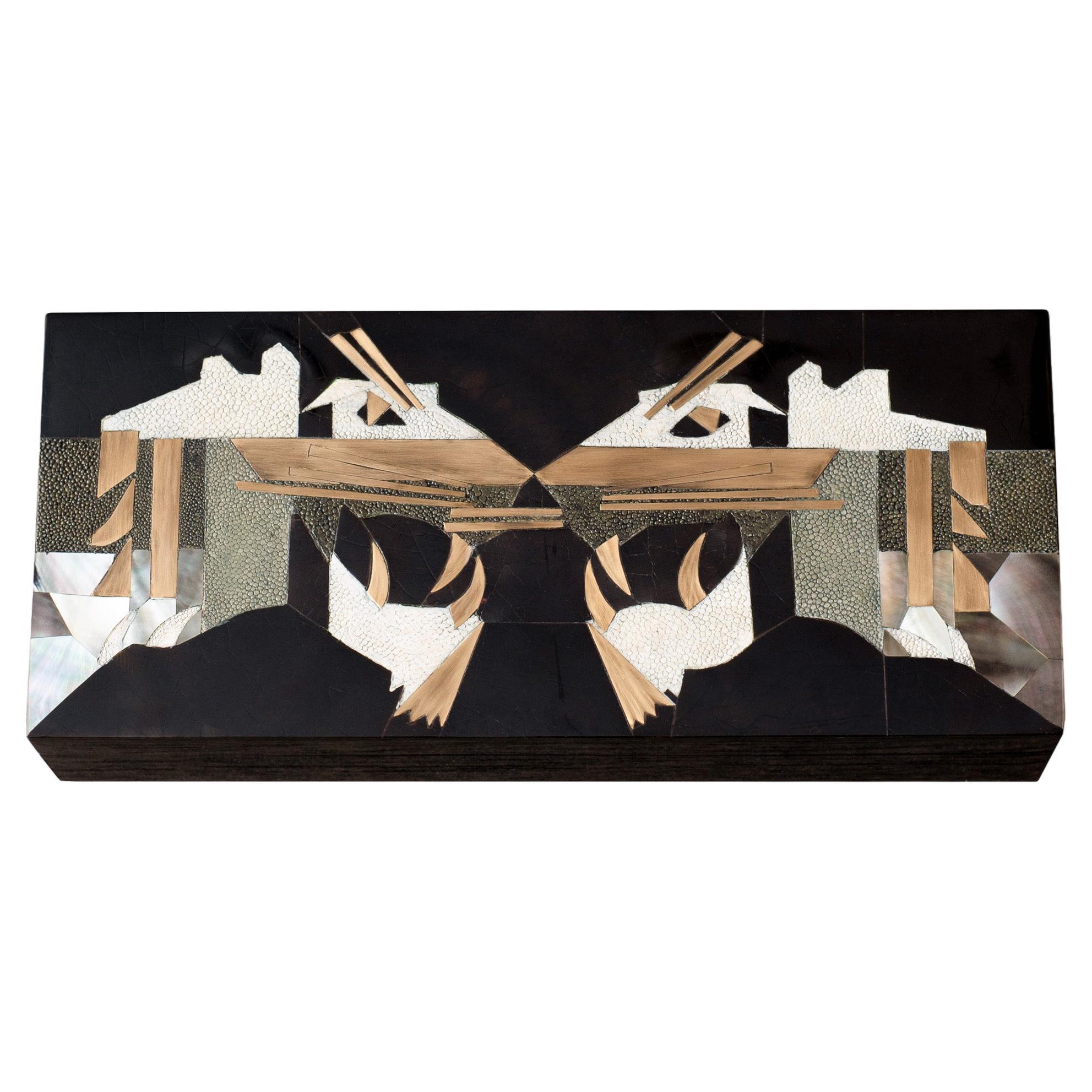 Contemporary Kifu Paris Double Panther Box mit Messing, Shagreen, & Shell Inlay