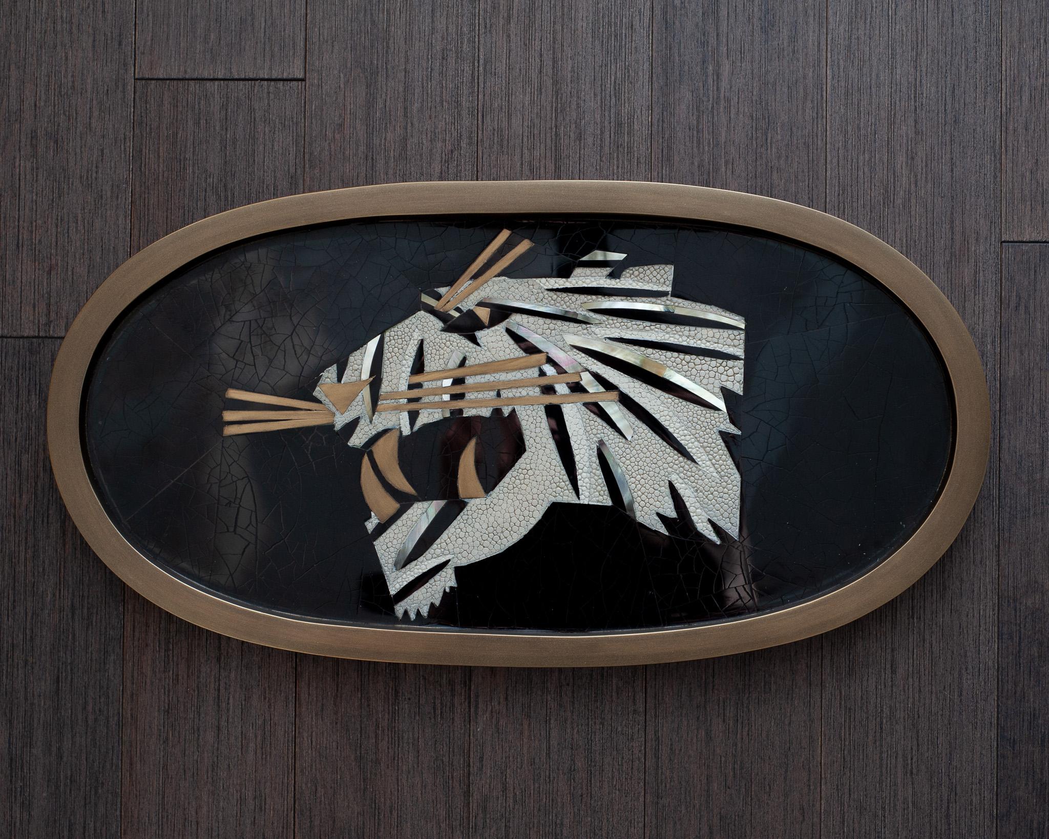 In stock now - A stunning and beautifully crafted Kifu Paris panther serving tray, with brass, creme shagreen, mother of pearl, and black penshell inlay, over a base of walnut and covered in leather on the bottom. Expertly crafted, this tray is a