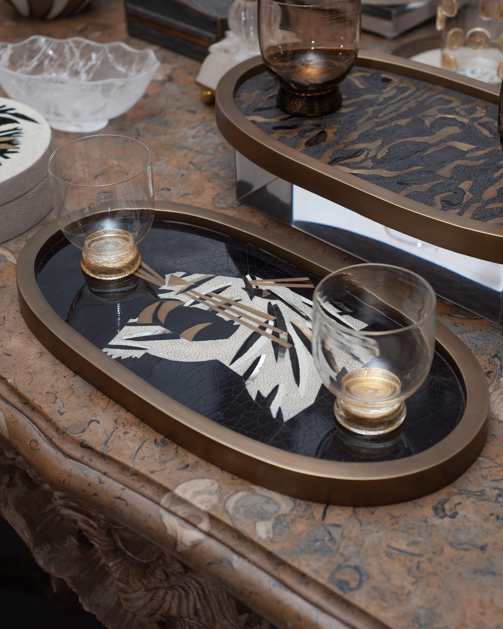 Philippine Contemporary Kifu Paris Panther Tray with Inlaid Brass, Shagreen and Penshell For Sale