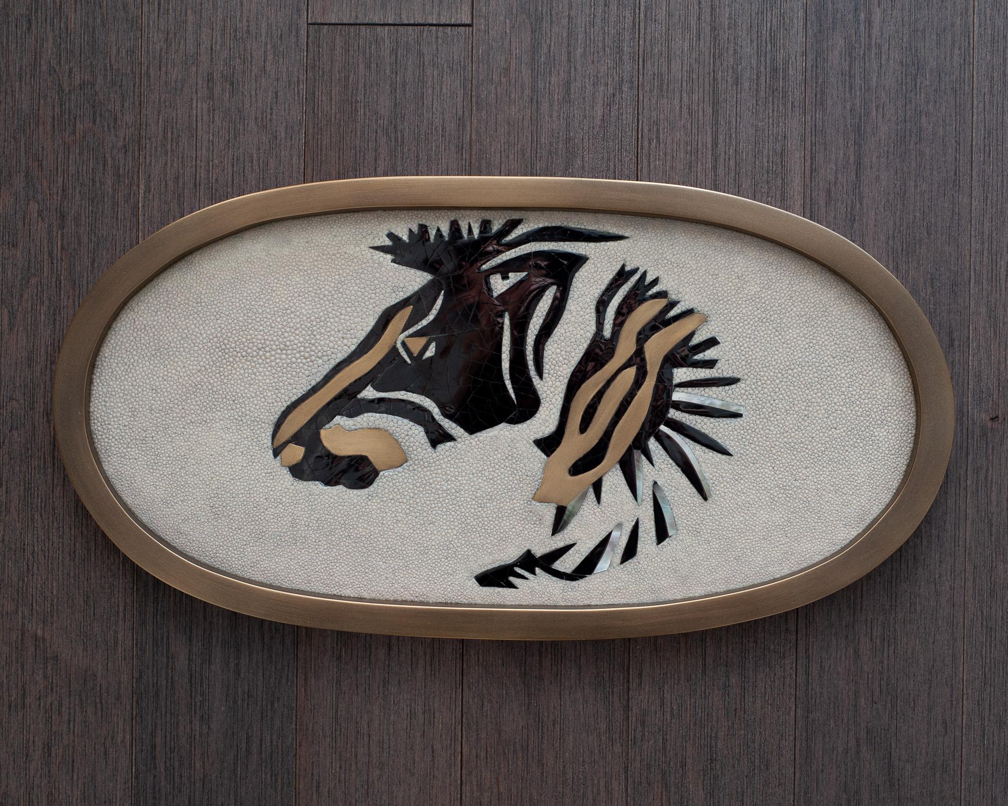 In stock now - A stunning and beautifully crafted Kifu Paris zebra serving tray, with brass, creme shagreen, mother of pearl, and black penshell inlay, over a base of walnut and covered in leather on the bottom. Expertly crafted, this tray is a