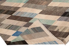 Zeitgenössischer Flachgewebe-Teppich aus abstrakter Wolle, Kelim, mehrfarbig, geometrisch