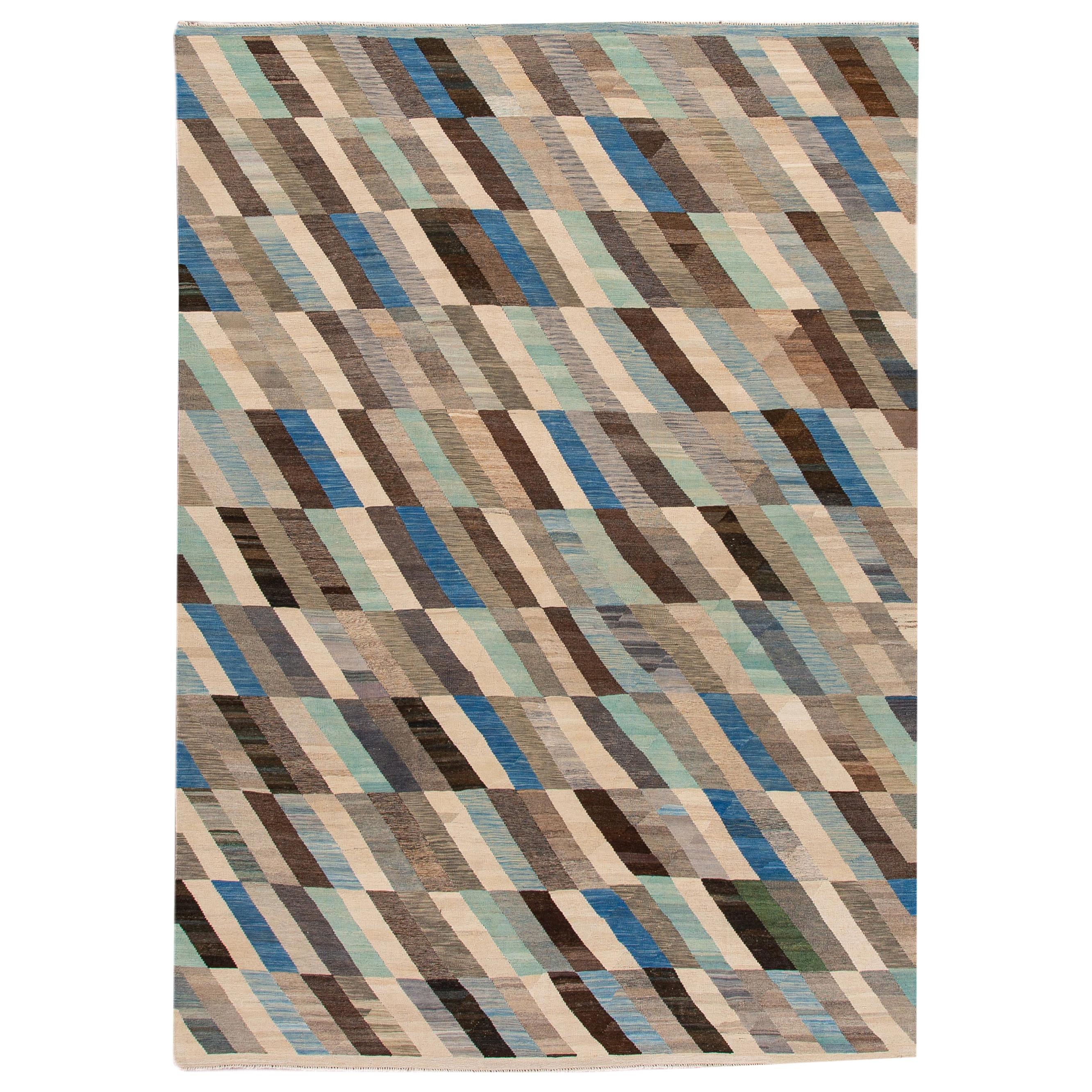 Zeitgenössischer Flachgewebe-Teppich aus abstrakter Wolle, Kelim, mehrfarbig, geometrisch