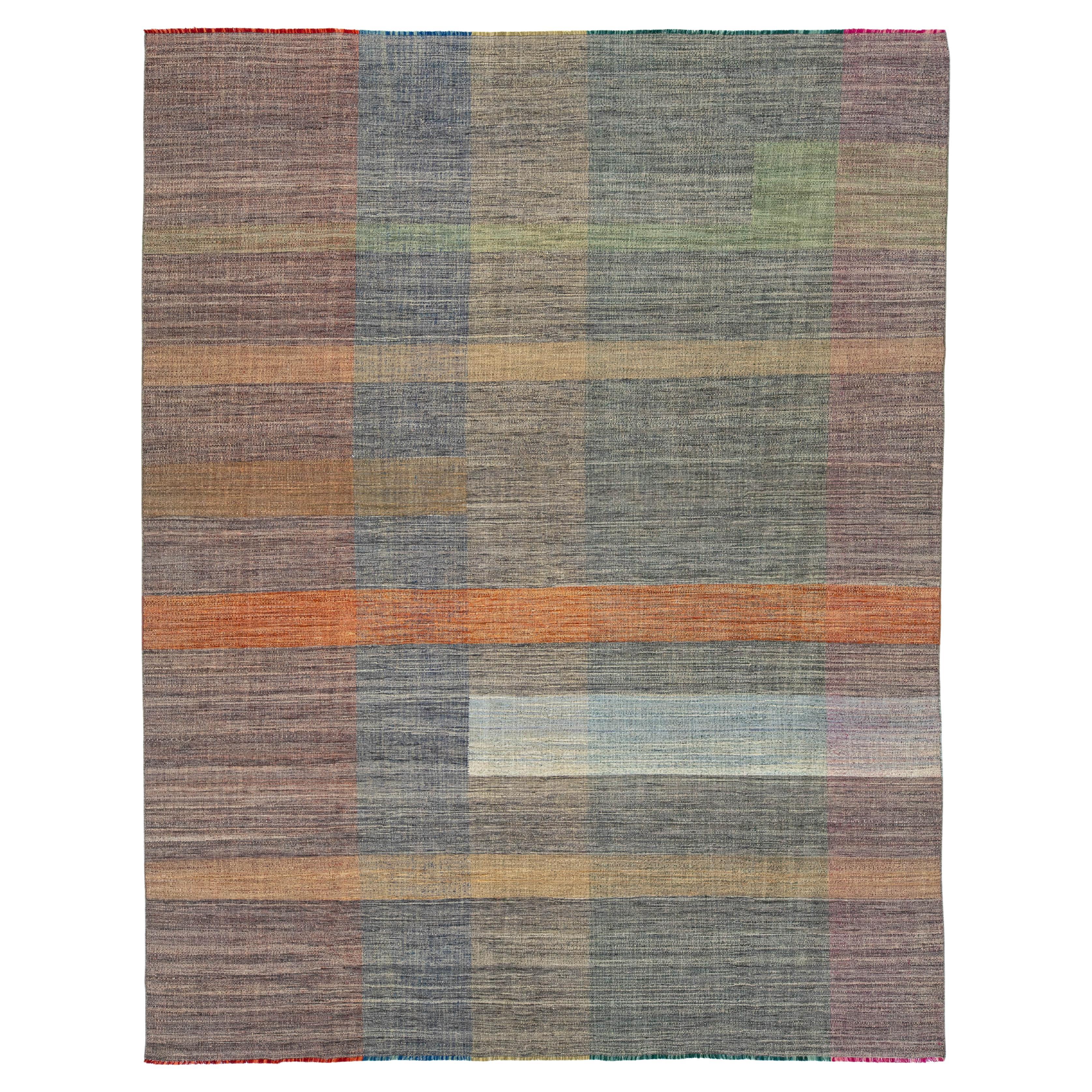 Contemporary Kilim Flatweave Multicolored Wool rug With Geometric Pattern