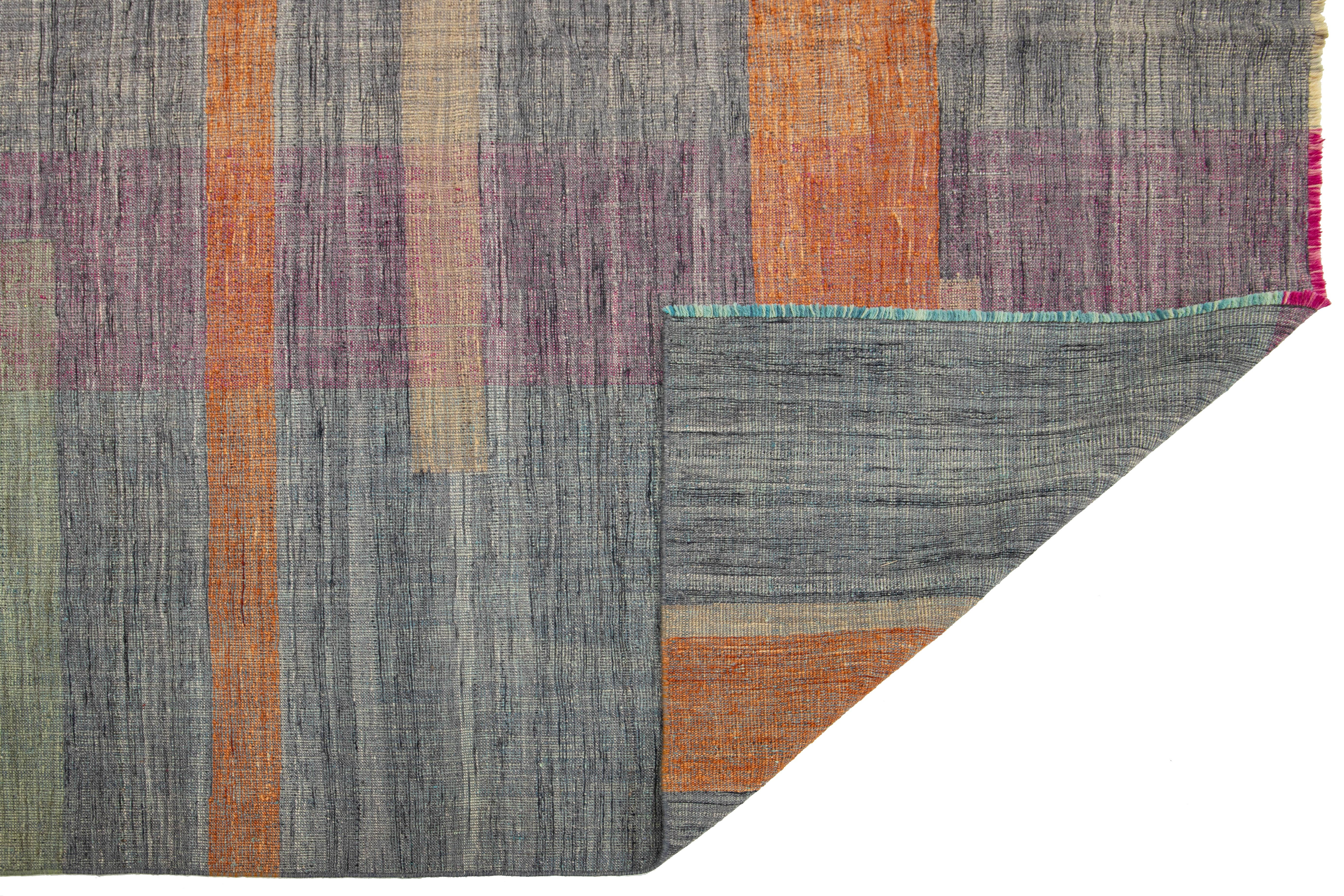 Organic Modern Contemporary Kilim Flatweave Wool Rug Featuring a Vibrant Geometric Design For Sale