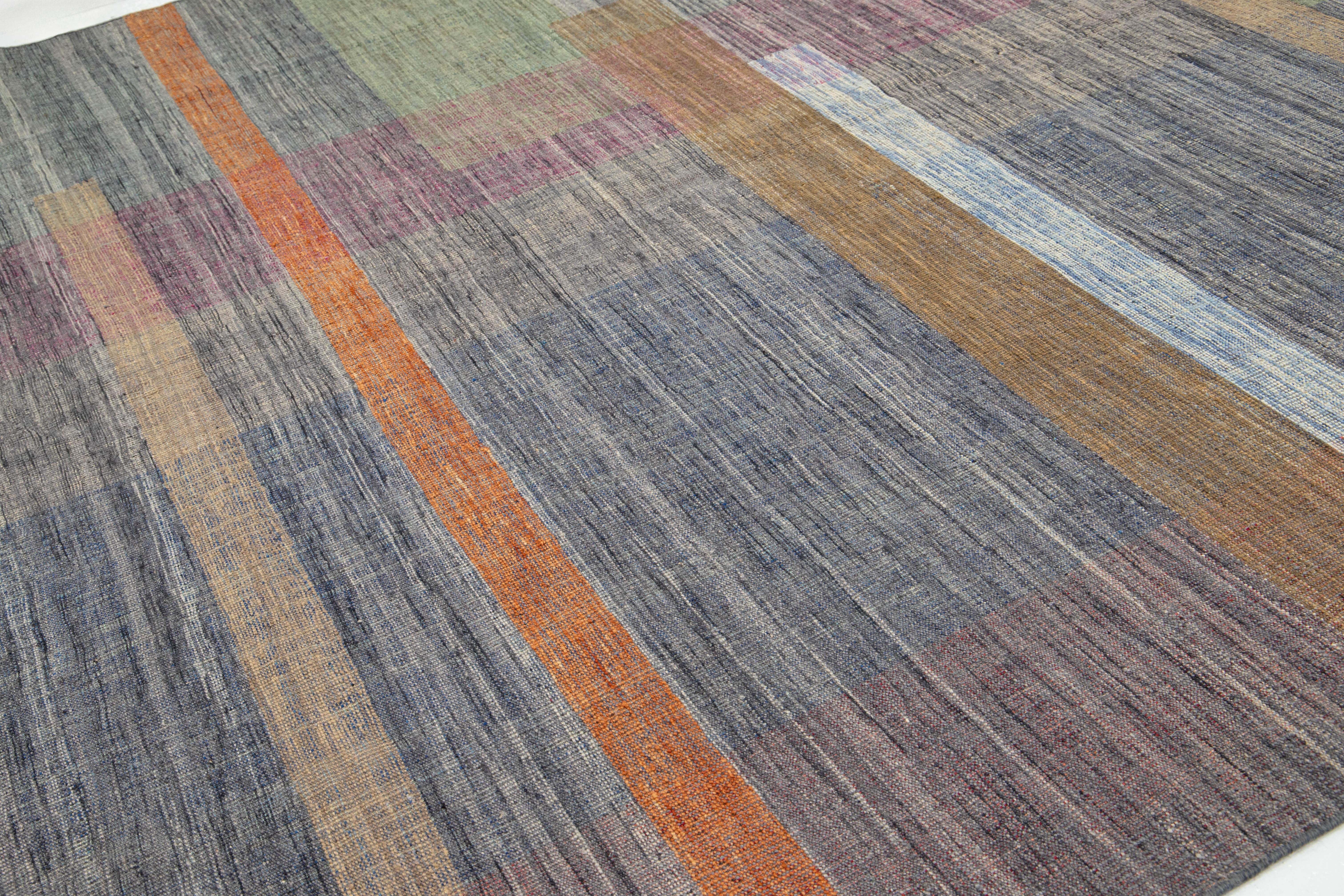 Hand-Knotted Contemporary Kilim Flatweave Wool Rug Featuring a Vibrant Geometric Design For Sale