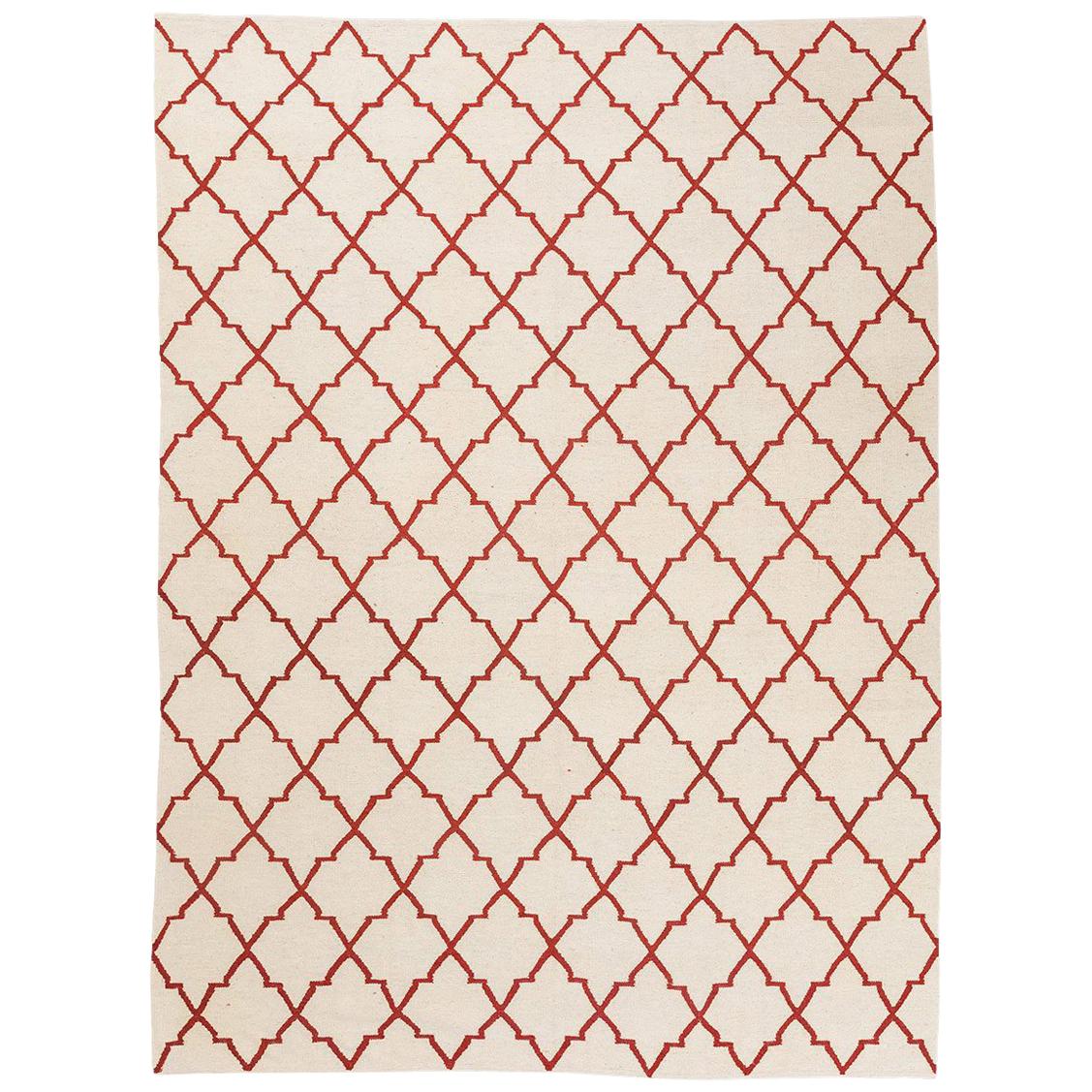 Contemporary Kilim, Geometric Design with Red and Beige Colors