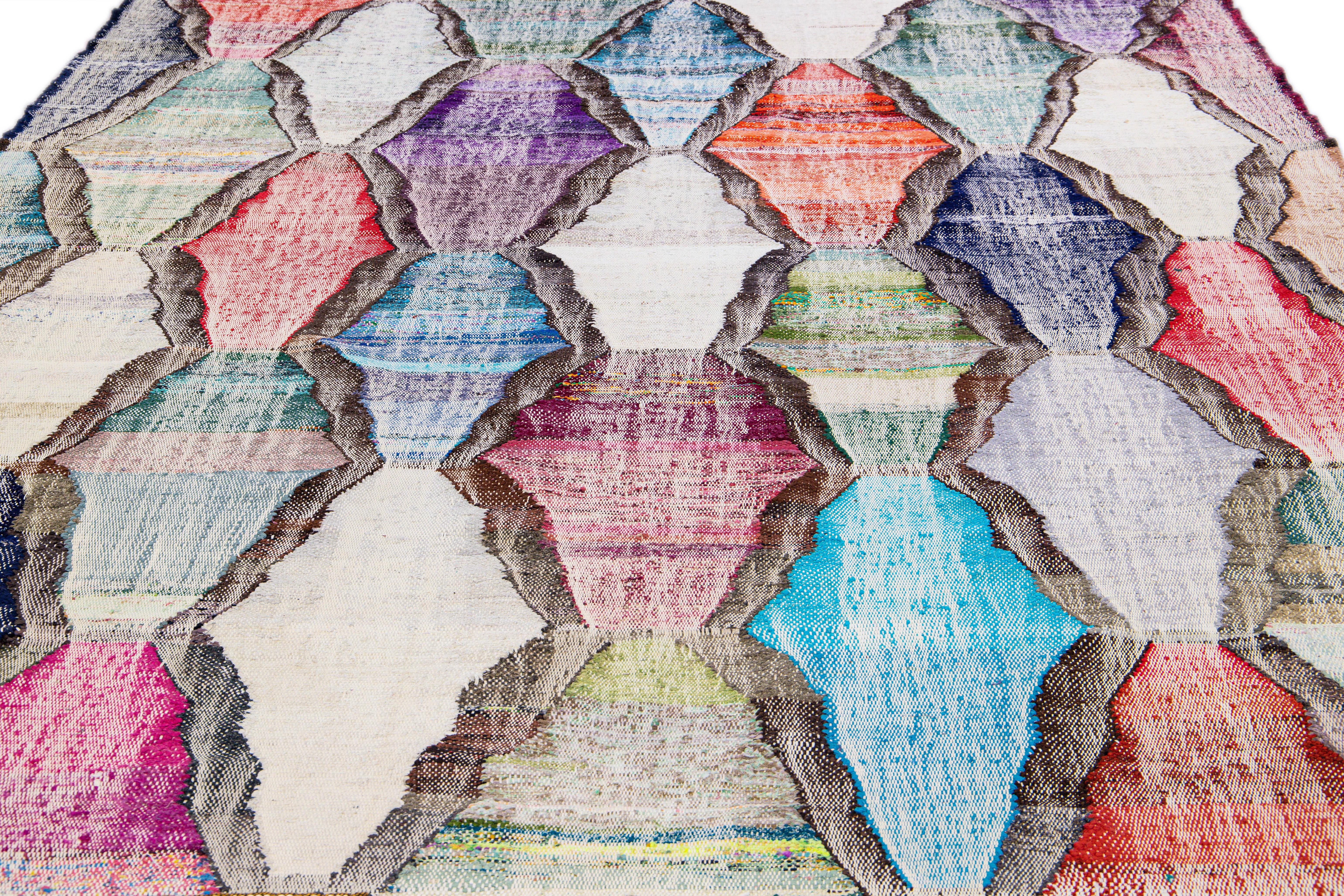 Turkish Contemporary Kilim Handmade Geometric Multicolor Wool Rug For Sale