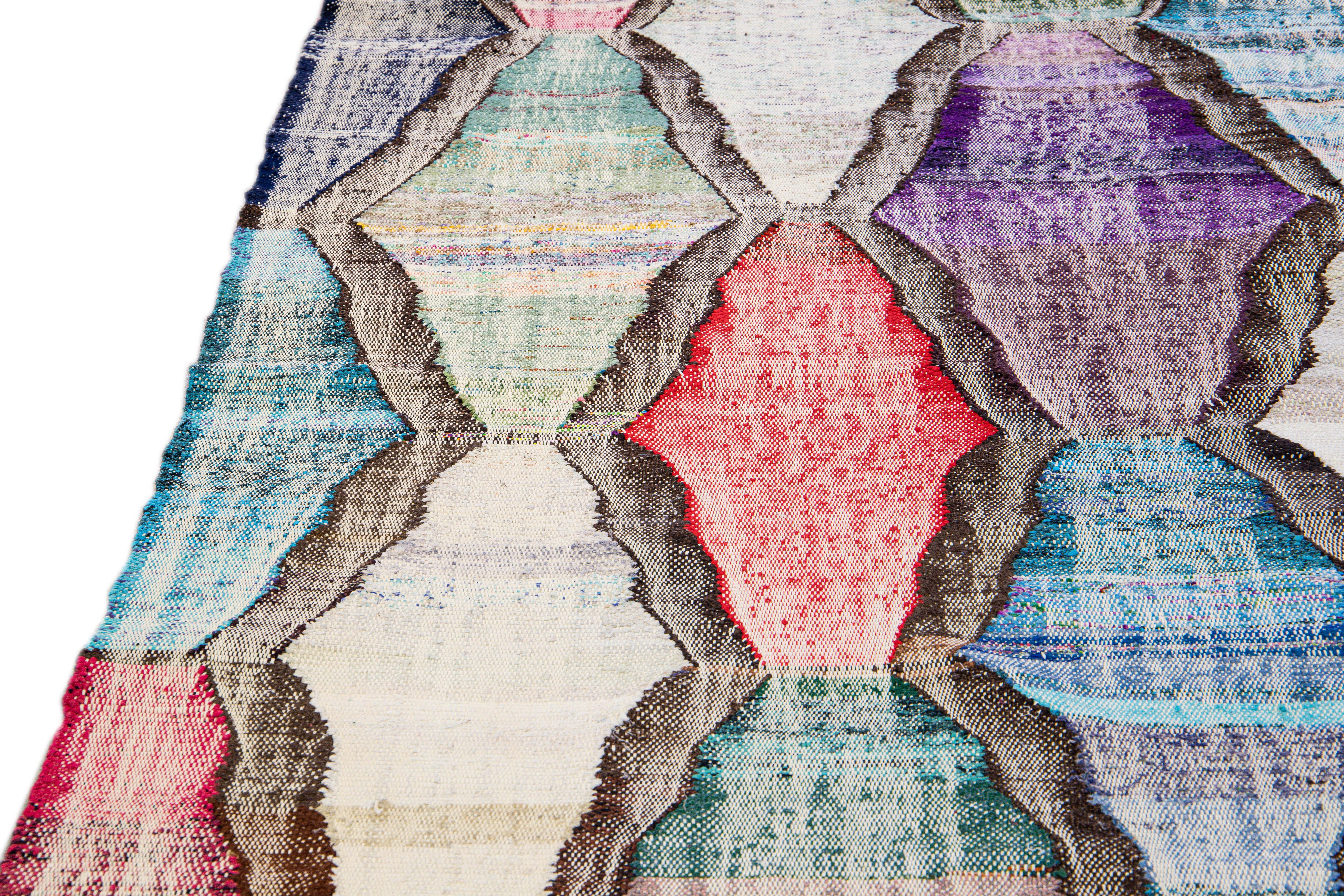 Contemporary Kilim Handmade Geometric Multicolor Wool Rug For Sale 1
