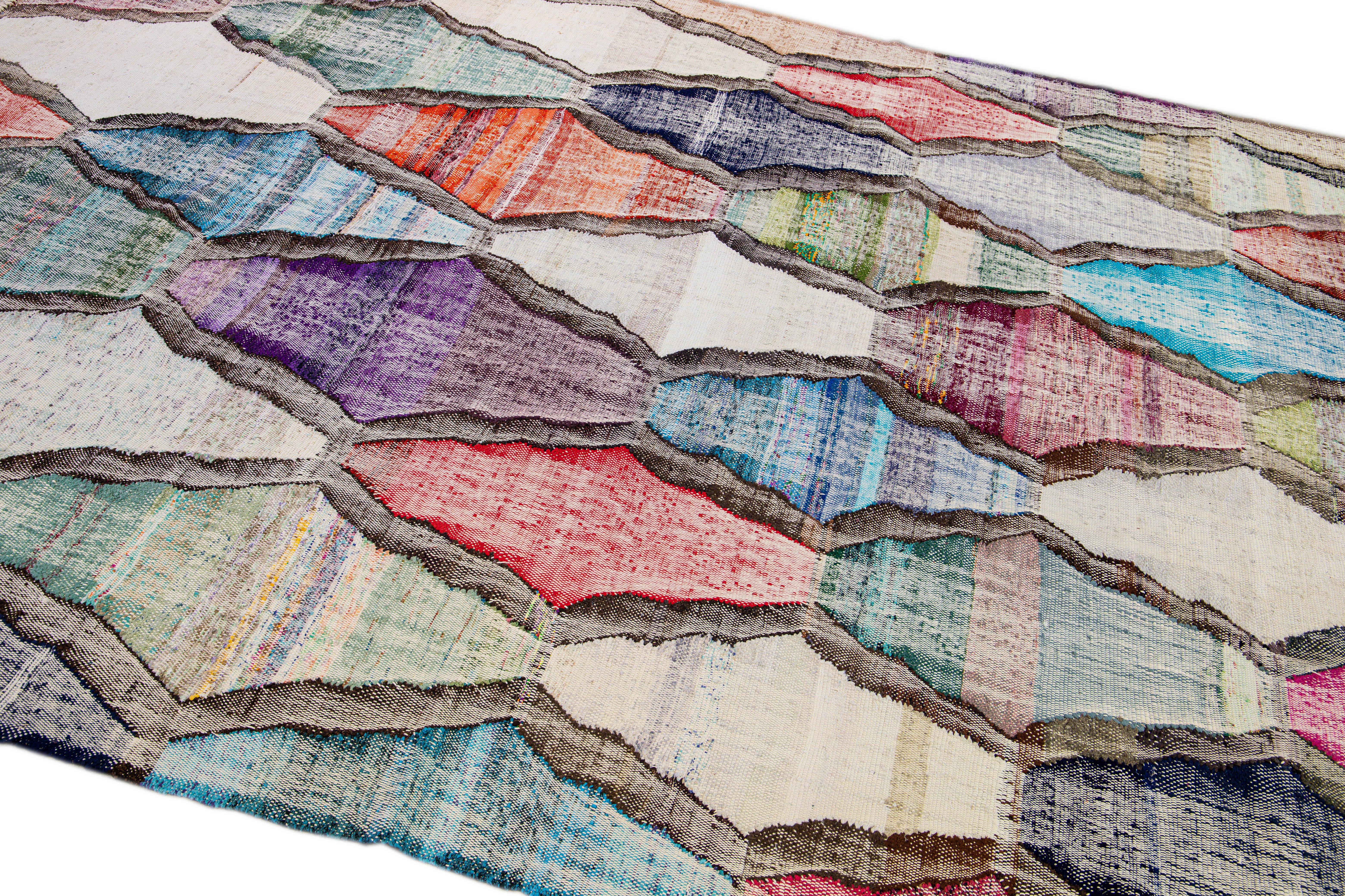 Contemporary Kilim Handmade Geometric Multicolor Wool Rug For Sale 2