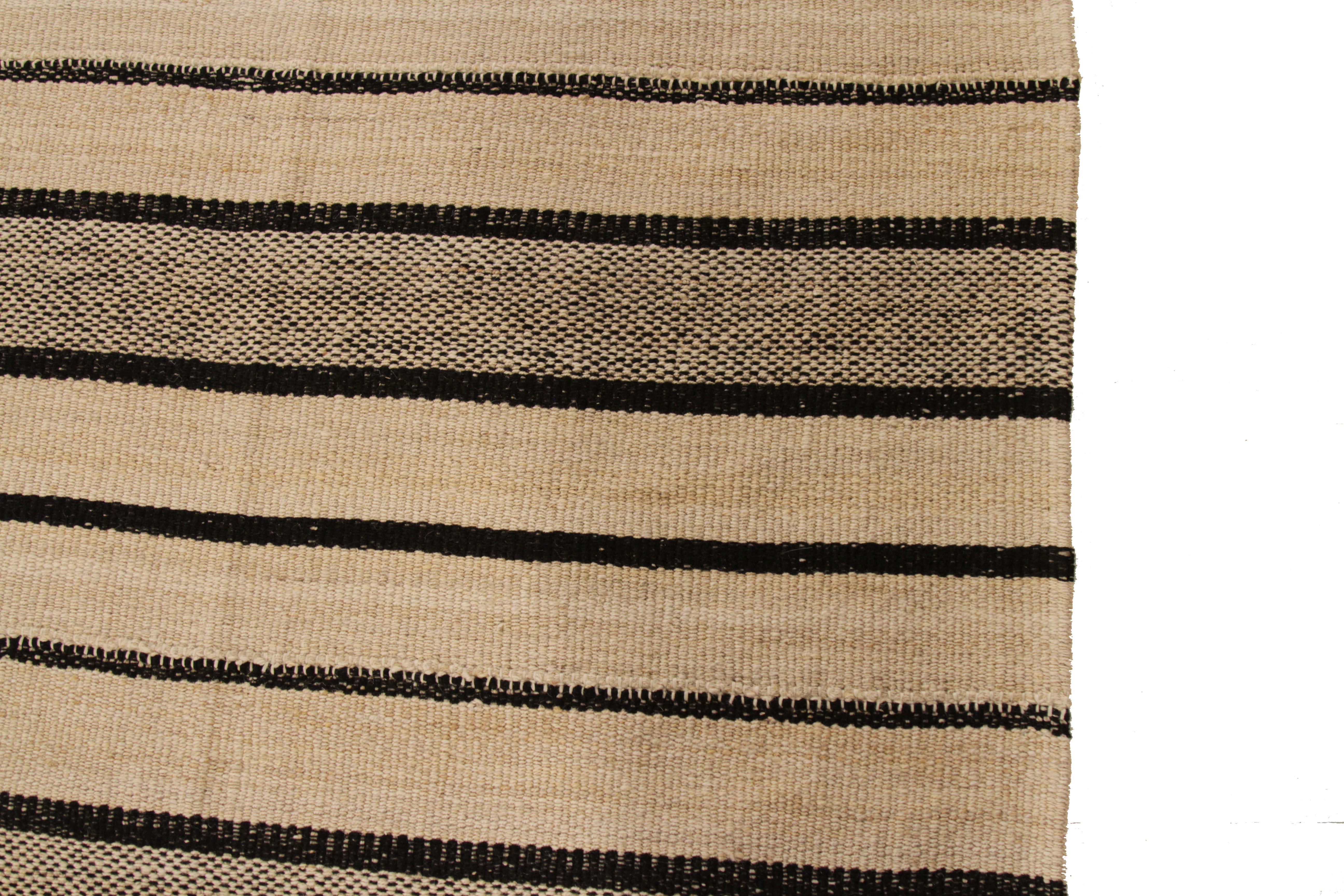 Wool Contemporary Kilim Persian Rug in Beige with Black and Brown Stripes For Sale