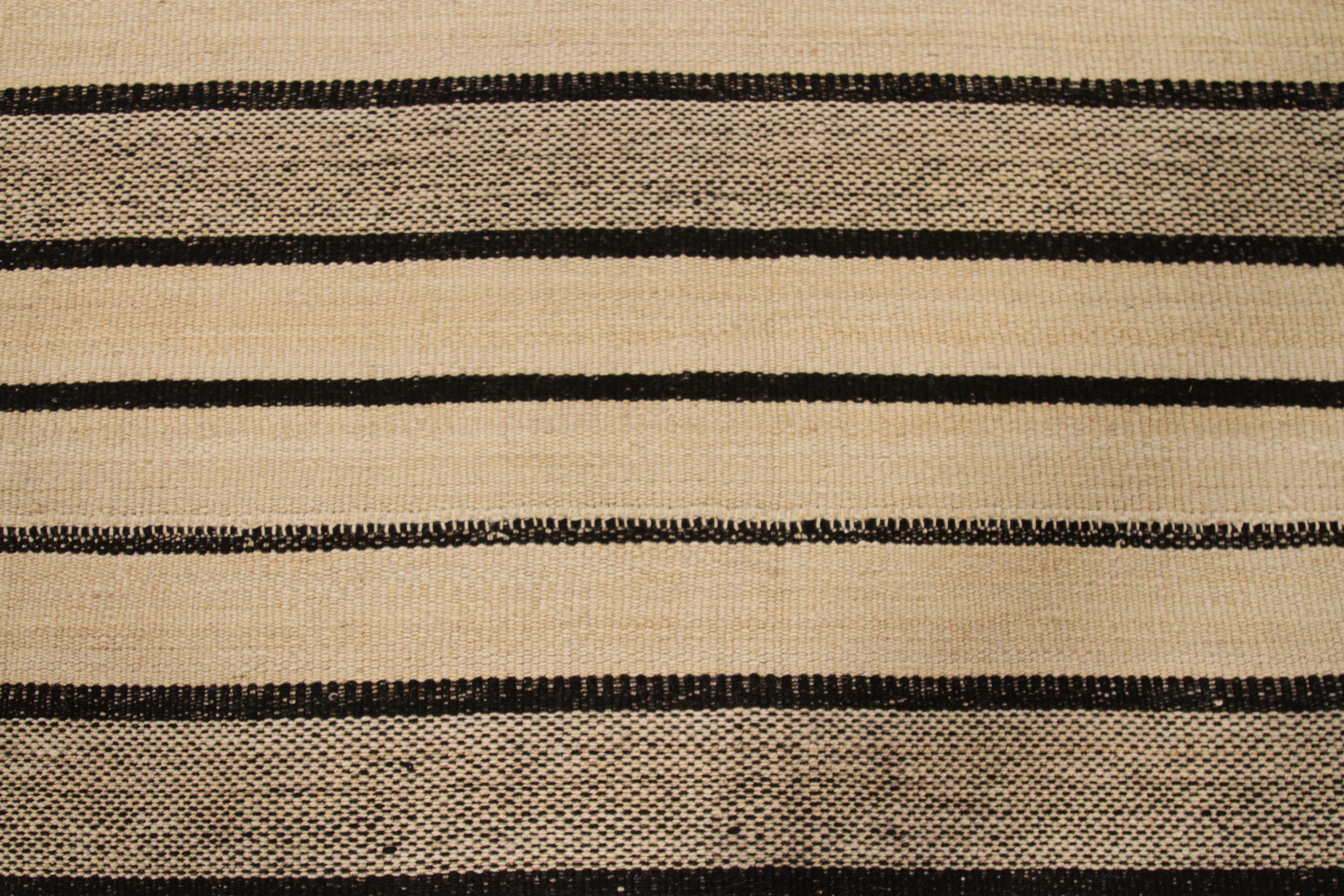 Contemporary Kilim Persian Rug in Beige with Black and Brown Stripes For Sale 1
