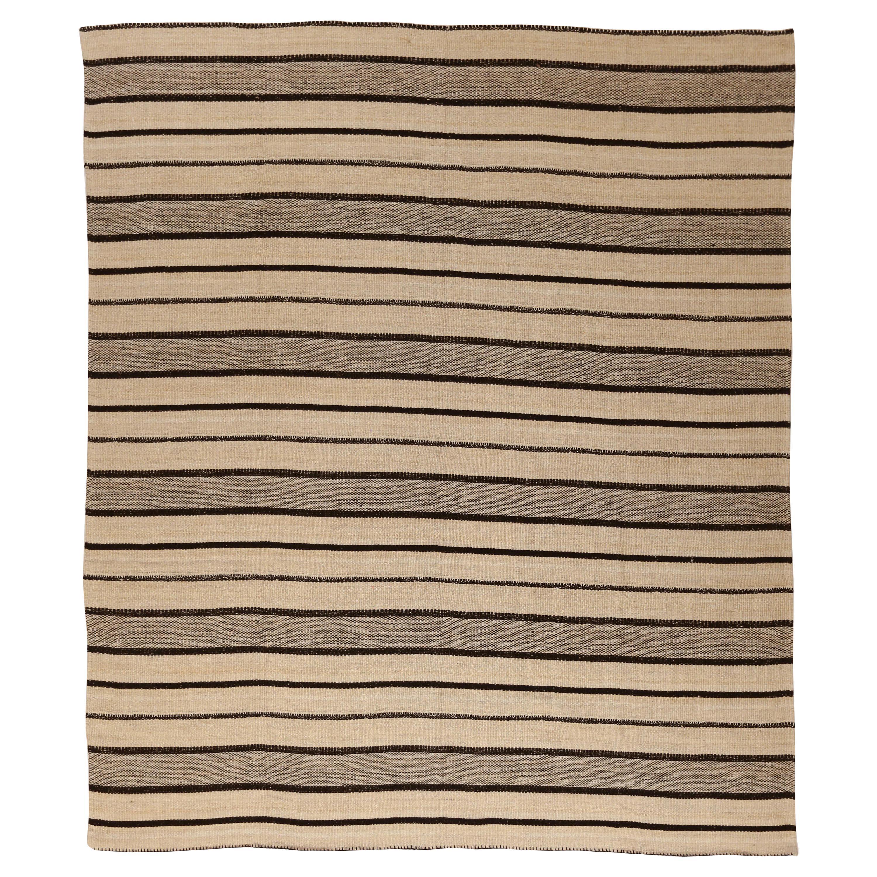 Contemporary Kilim Persian Rug in Beige with Black and Brown Stripes For Sale