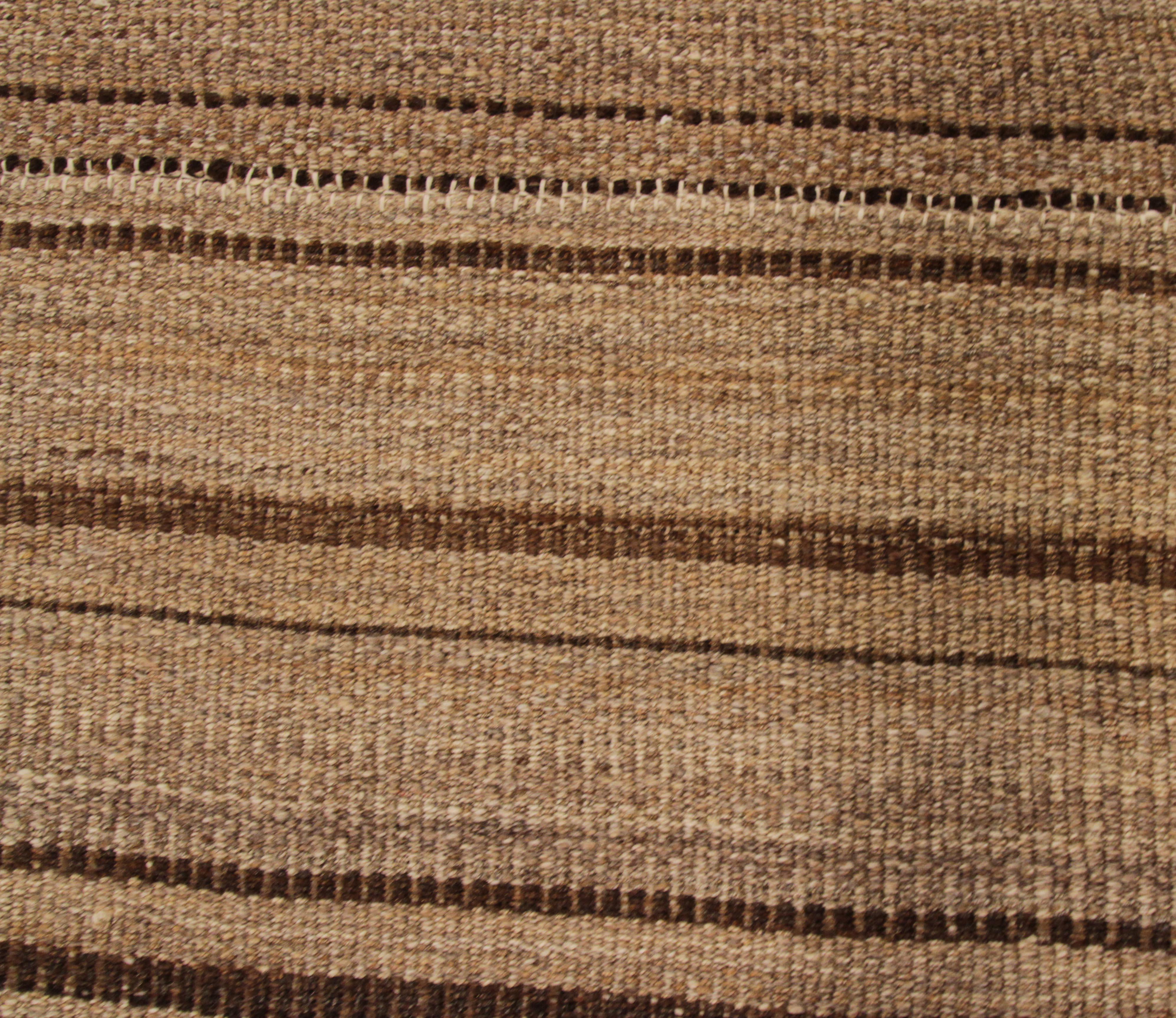 Wool Contemporary Kilim Persian Rug with Rustic Brown and Black Stripes For Sale