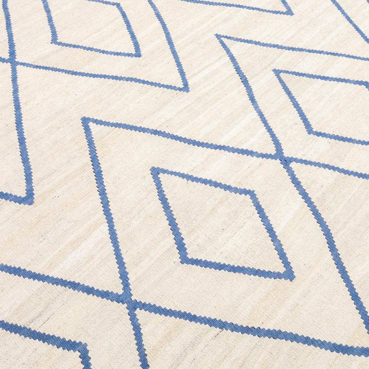 Wool Contemporary Kilim, Rombus Design over Beige and Blue Colors.