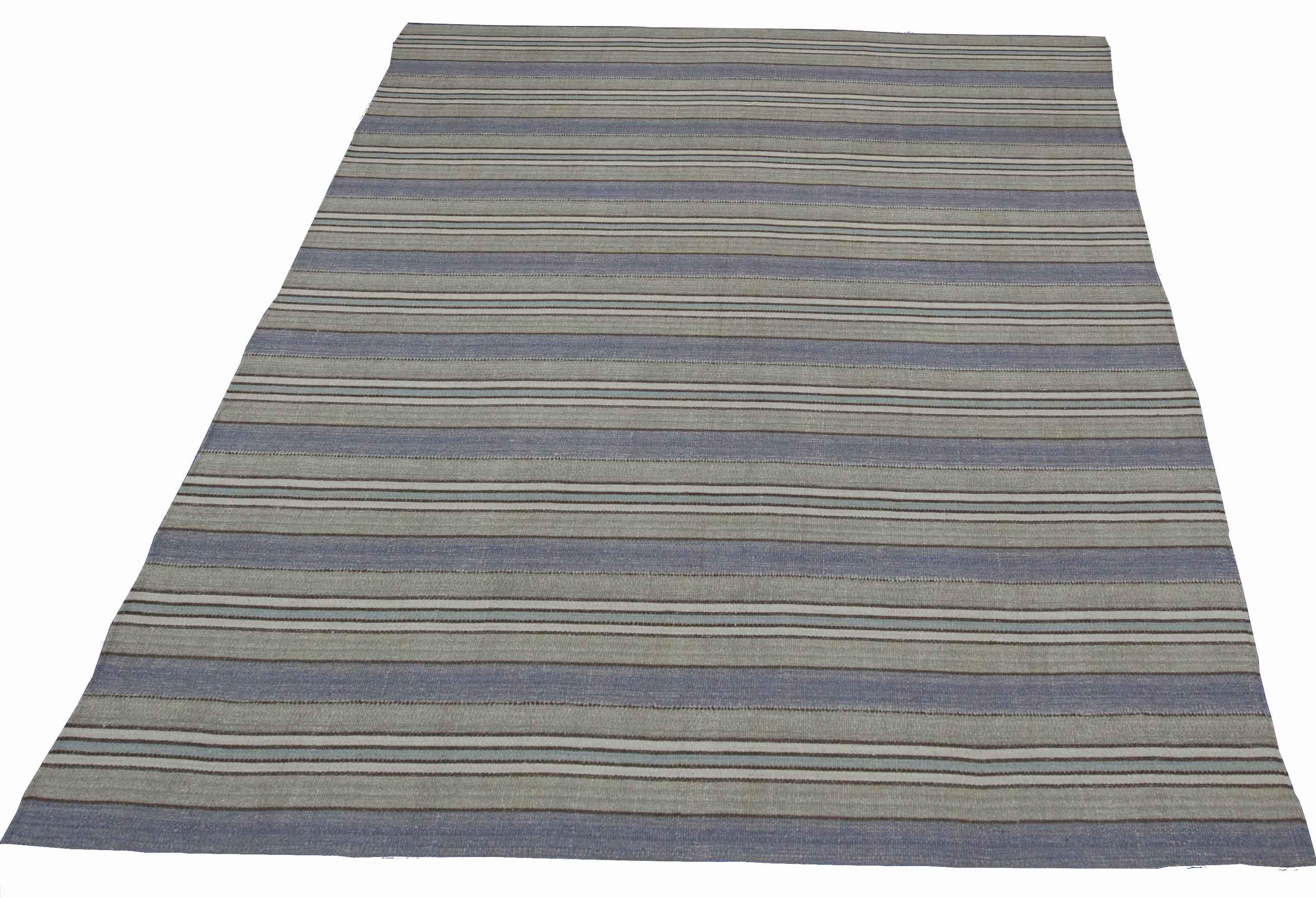 Oushak Contemporary Kilim Rug from Turkey with Blue and Gray Stripes For Sale