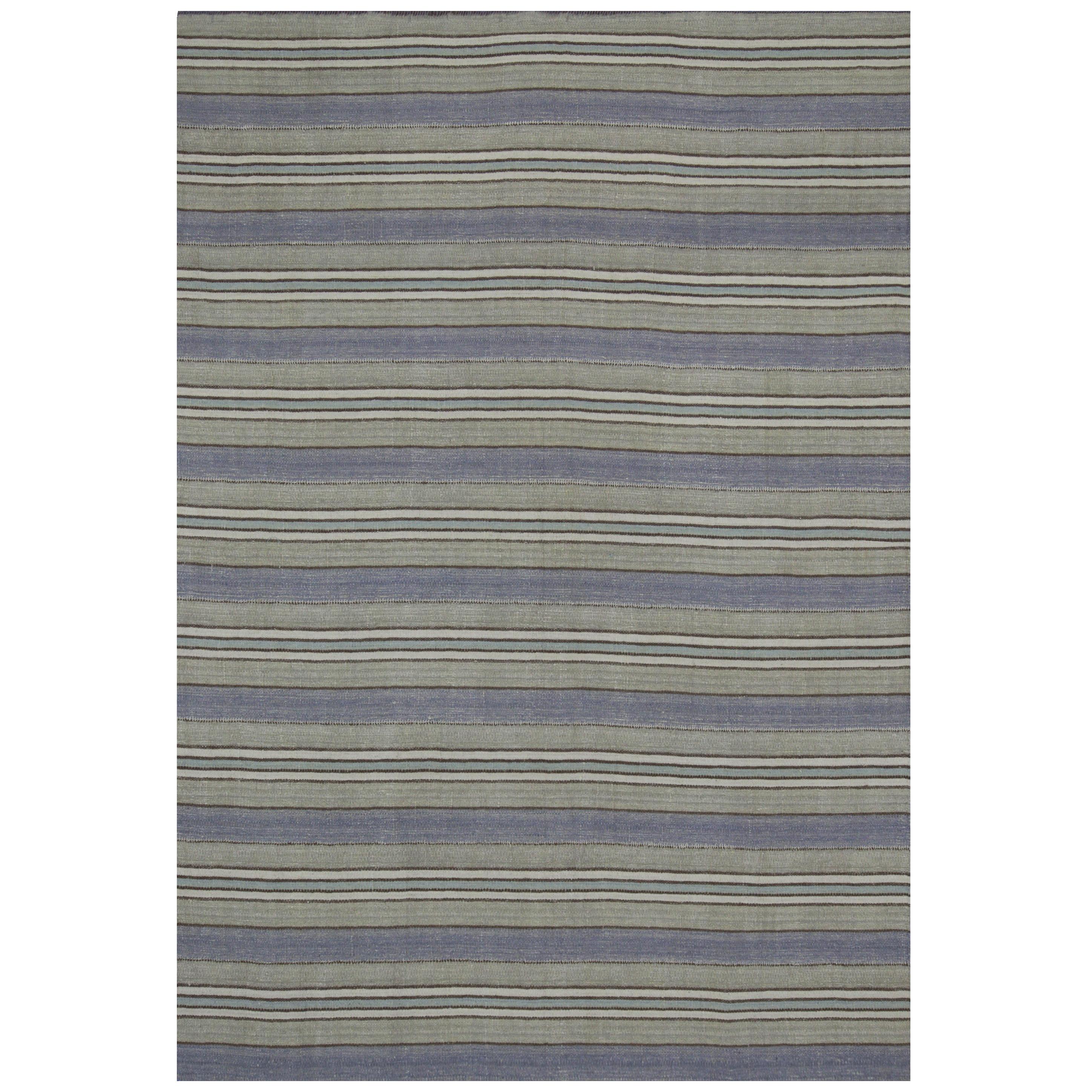 Contemporary Kilim Rug from Turkey with Blue and Gray Stripes