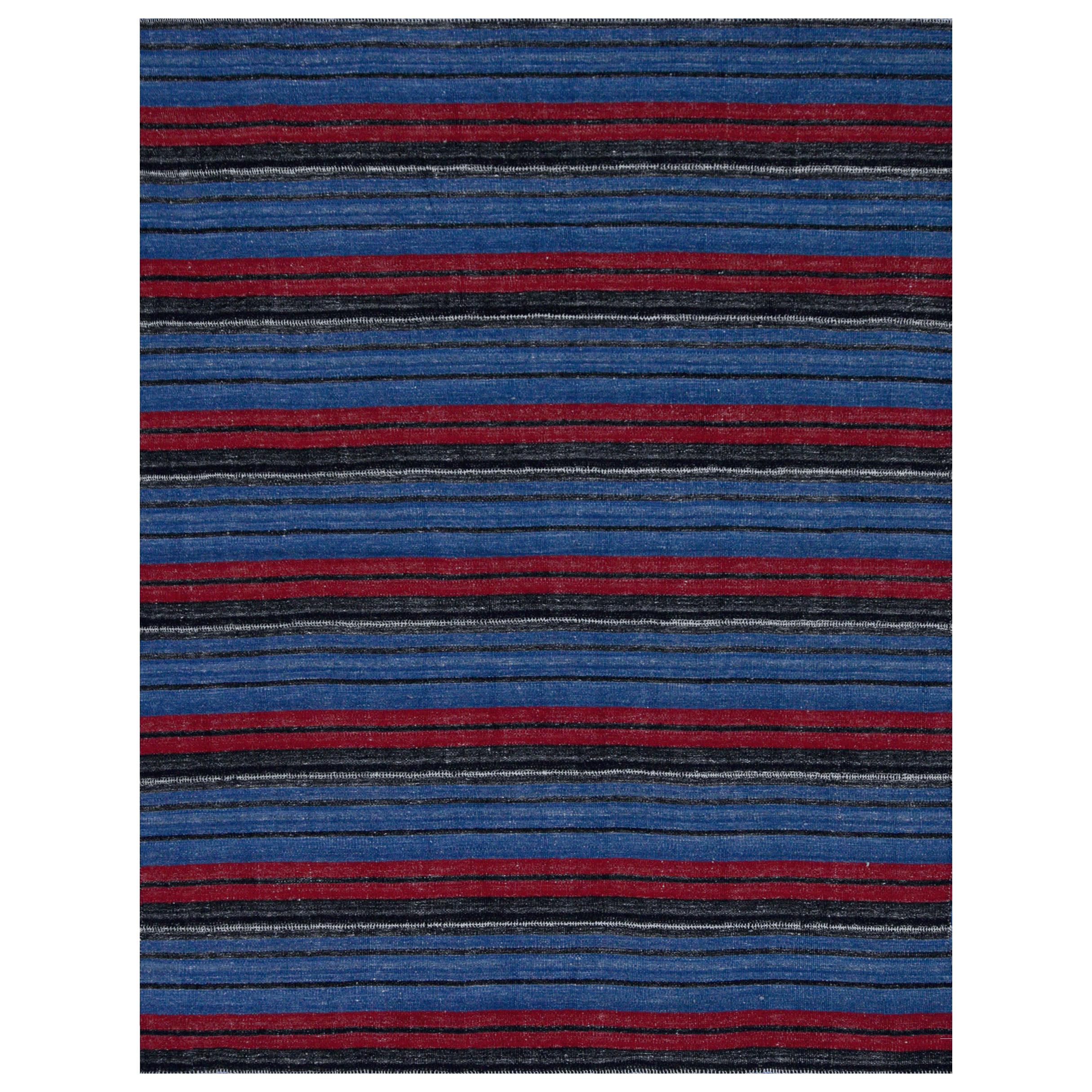 Contemporary Kilim Rug in Blue with Bold Red and Black Stripes