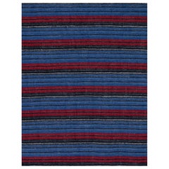 Contemporary Kilim Rug in Blue with Bold Red and Black Stripes
