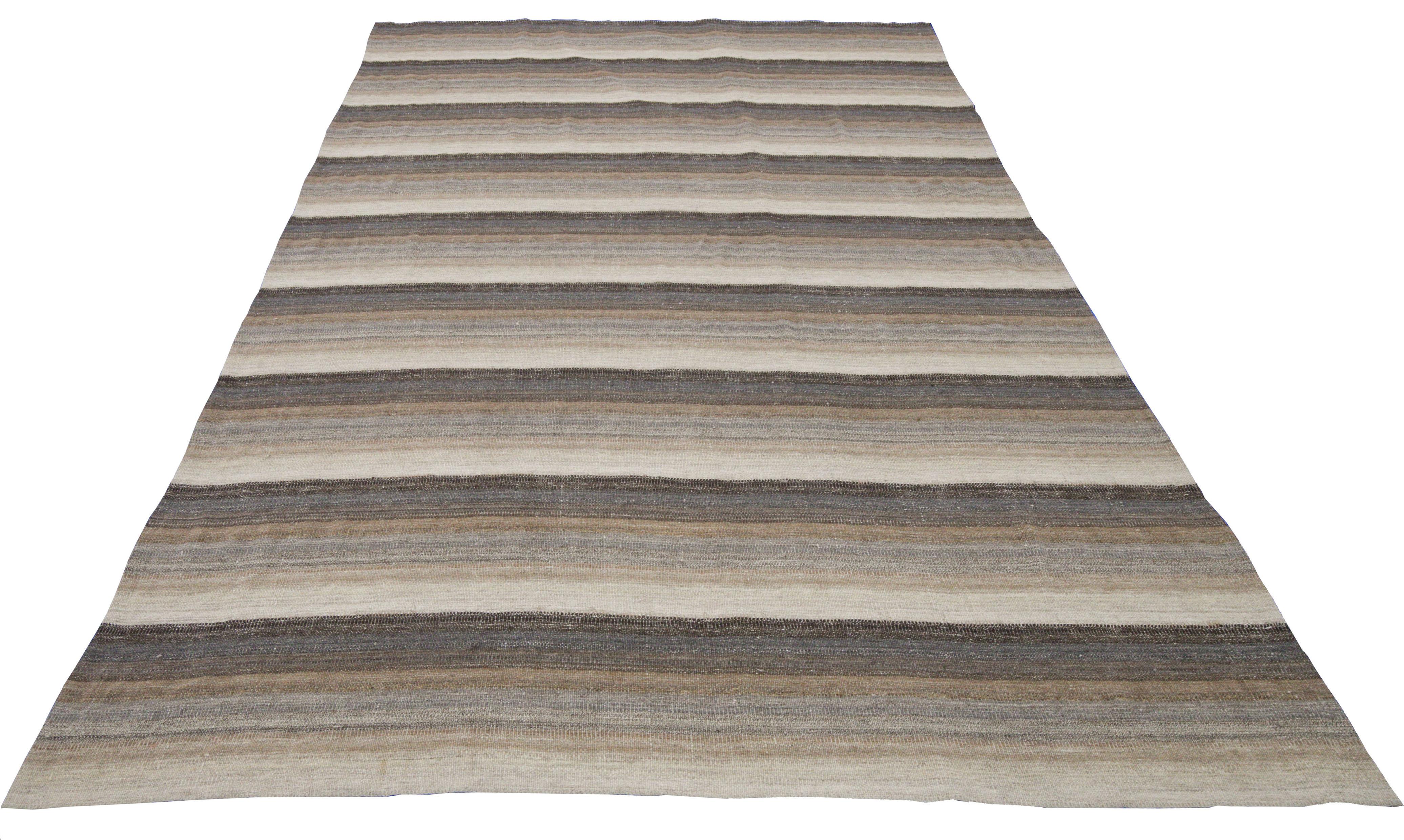 Turkish Contemporary Kilim Rug in Ivory with Brown, Gray, and Beige Stripes For Sale