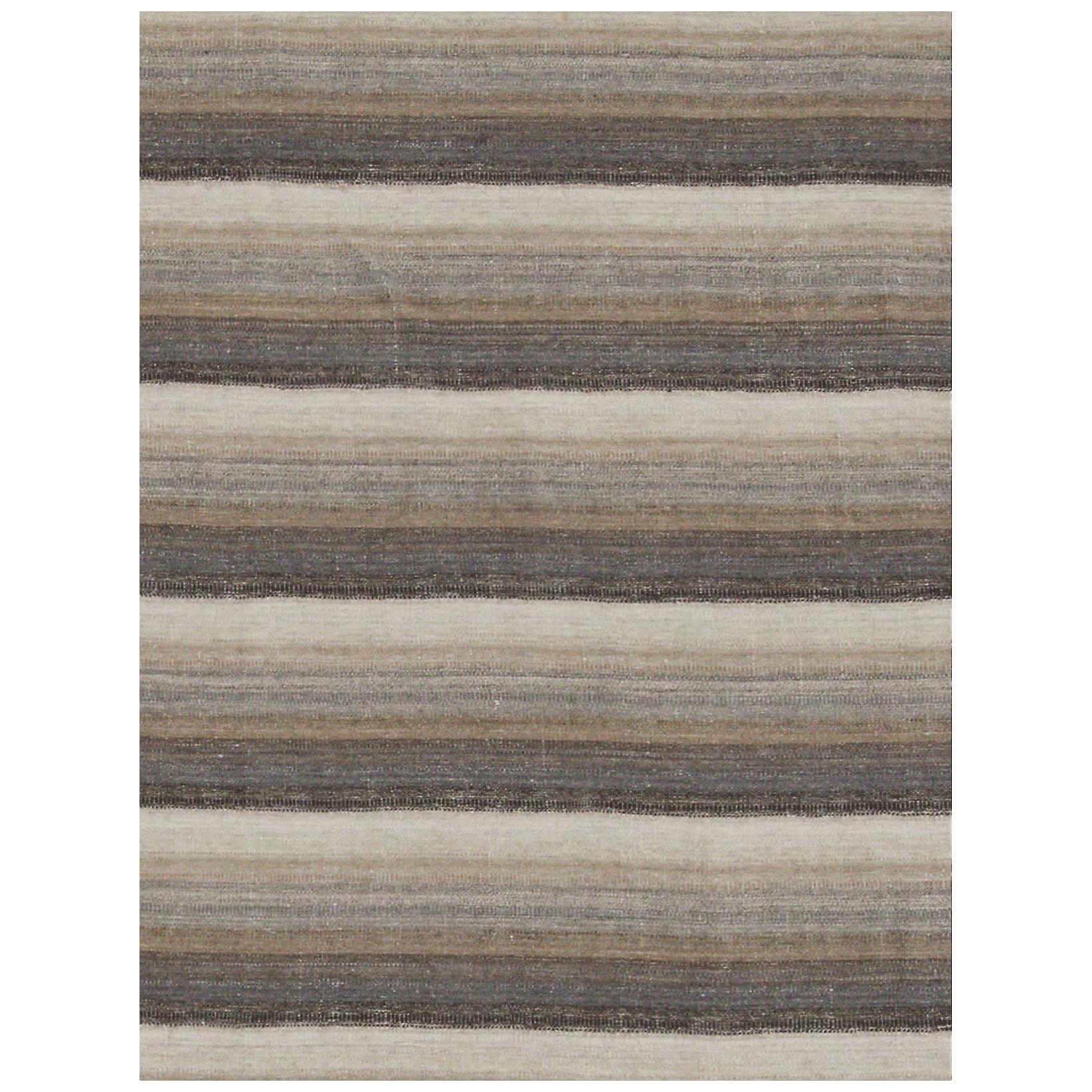 Contemporary Kilim Rug in Ivory with Brown, Gray, and Beige Stripes