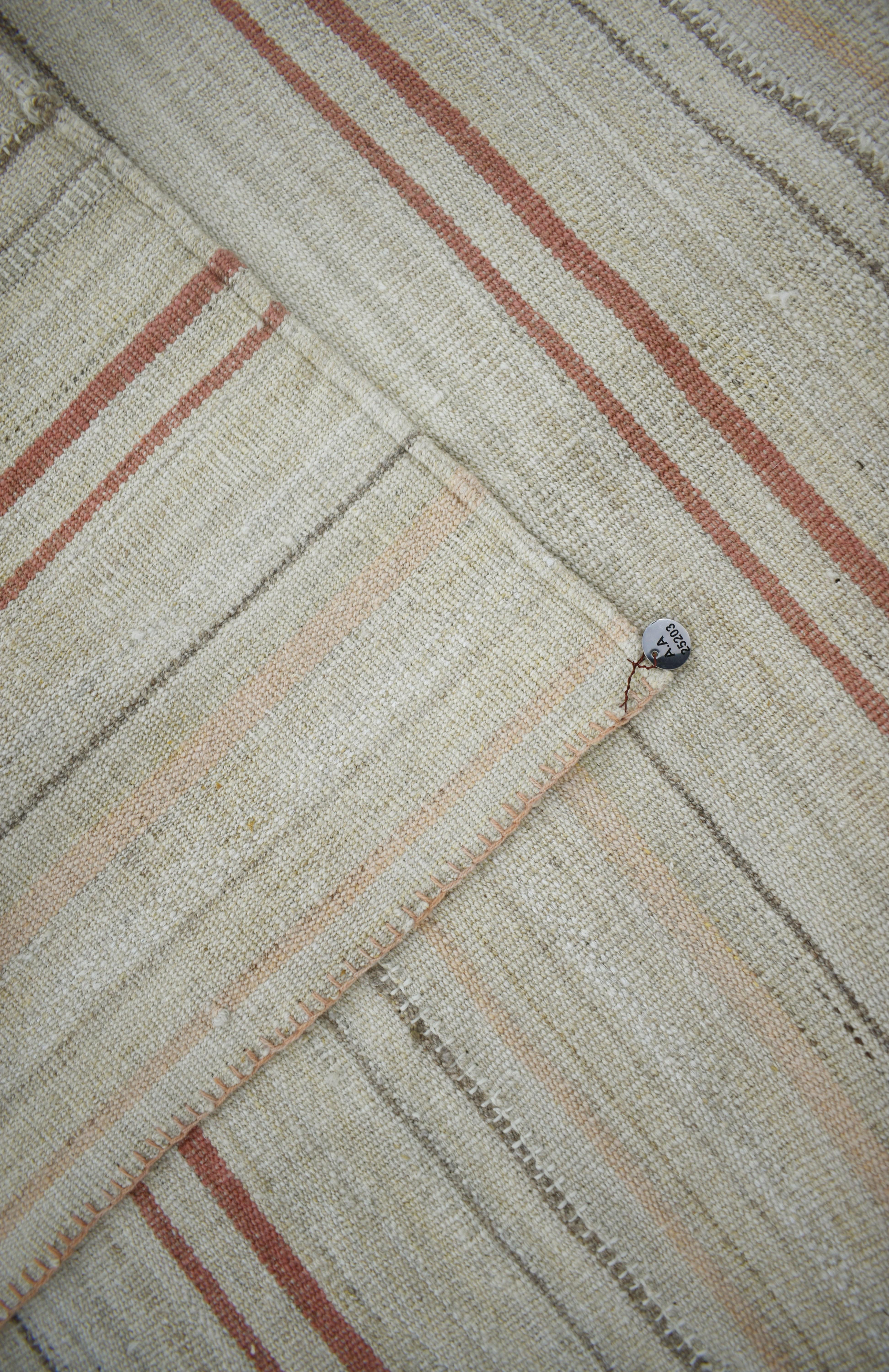 Oushak Contemporary Kilim Rug in Ivory with Gray and Brown Stripes For Sale