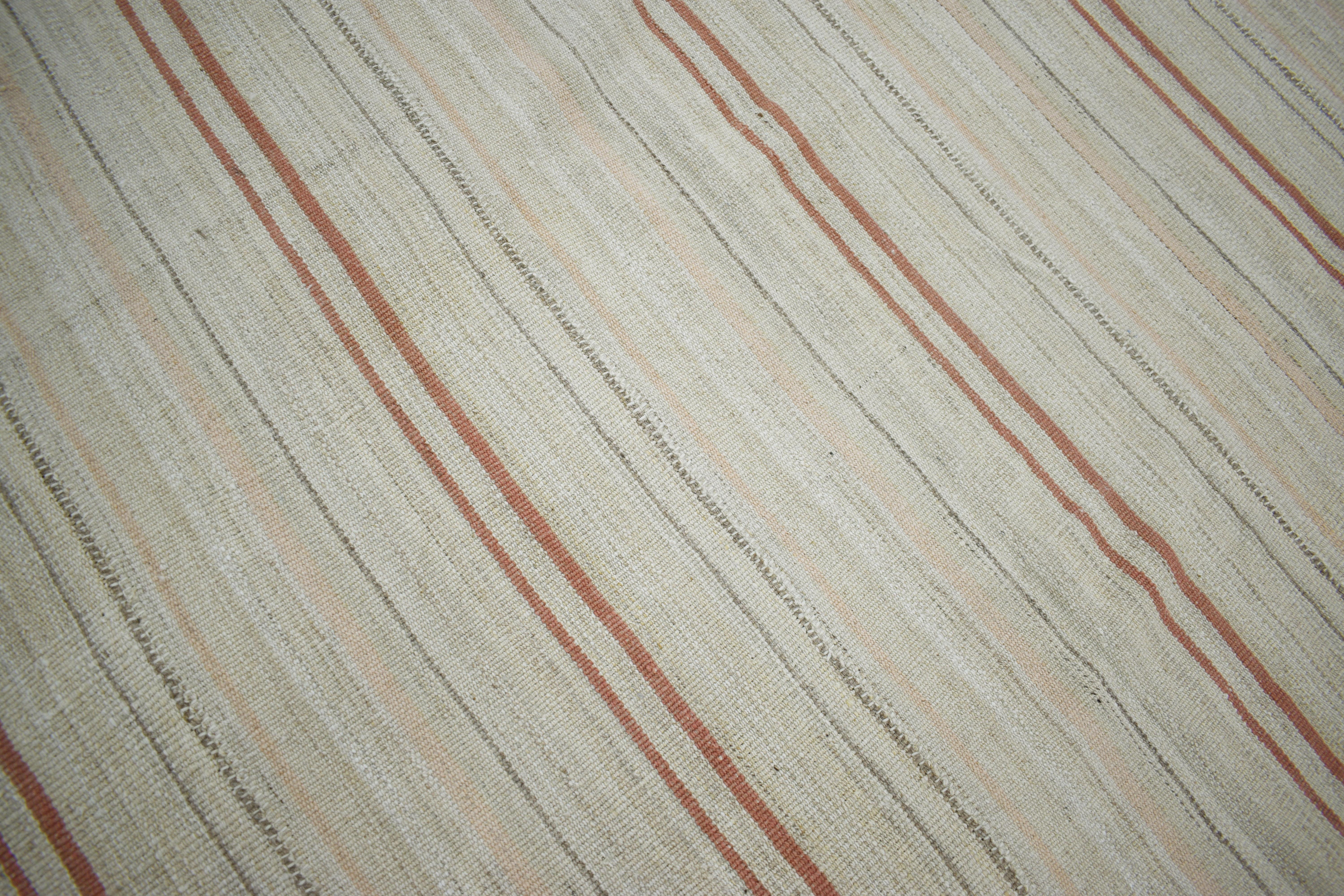Turkish Contemporary Kilim Rug in Ivory with Gray and Brown Stripes For Sale